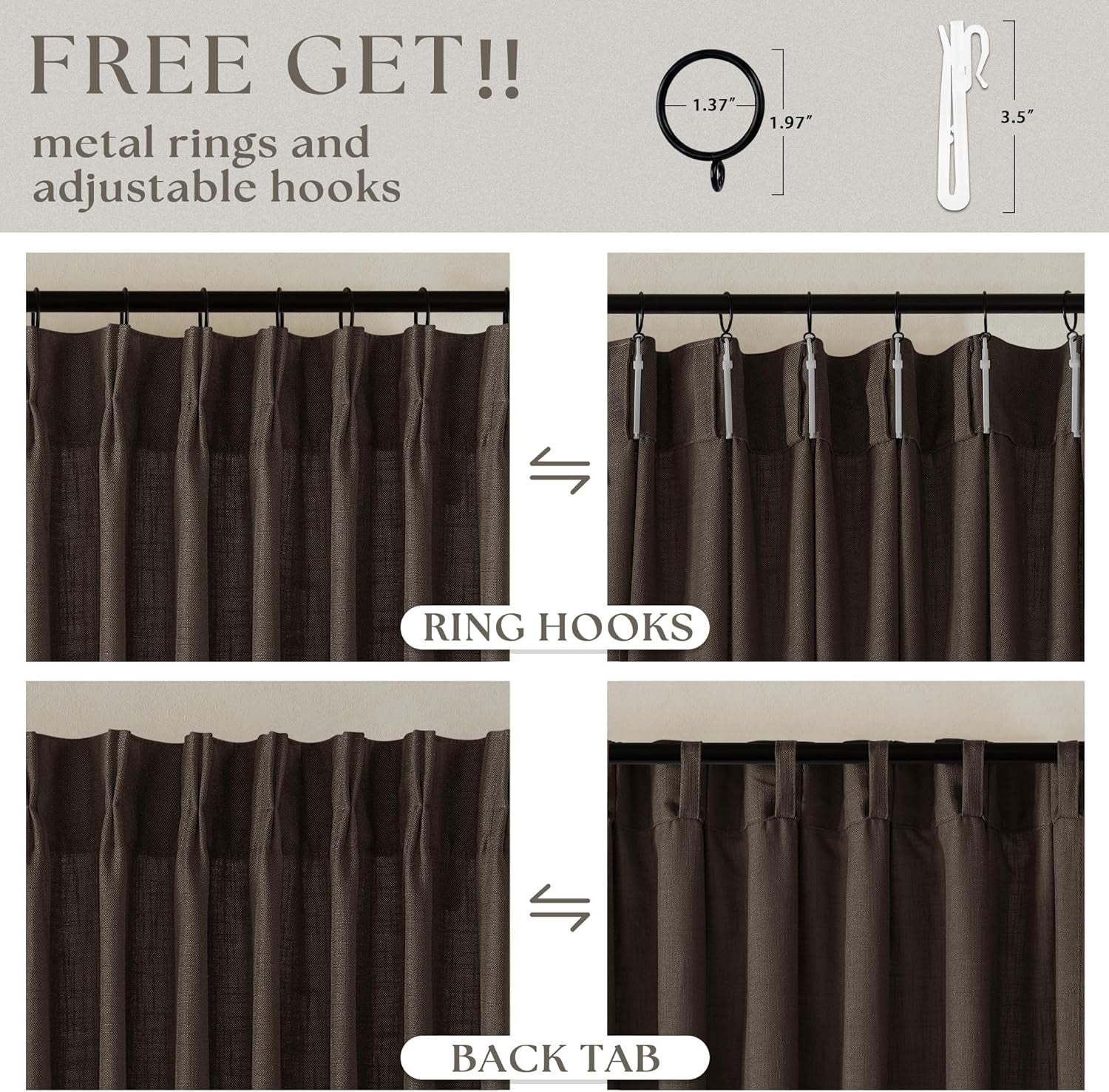 Dark Chocolate Pinch Pleated Linen Curtains 2 Panels Memory Training Shaped Semi Sheer Pleat Drapes with Hooks Rings Light Filtering Window Curtain 40X90