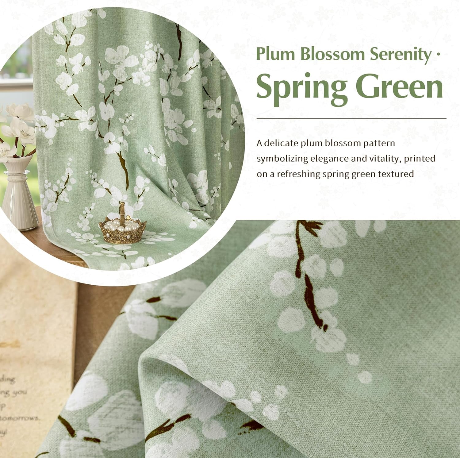 100% Blackout Floral Curtains for Bedroom, Sage Green Curtains 63 Inch Length Blossom Patterned for Living Room, Thermal Insulated Farmhouse Drapes, Rod Pocket 2 Panels (White on Green)