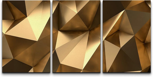 Canvas Print Wall Art Set 3D Geometric Gold Polygons Abstract Shapes Digital Art Scenic Colorful Ultra for Living Room, Bedroom, Office - 24"X36"X3 Panels