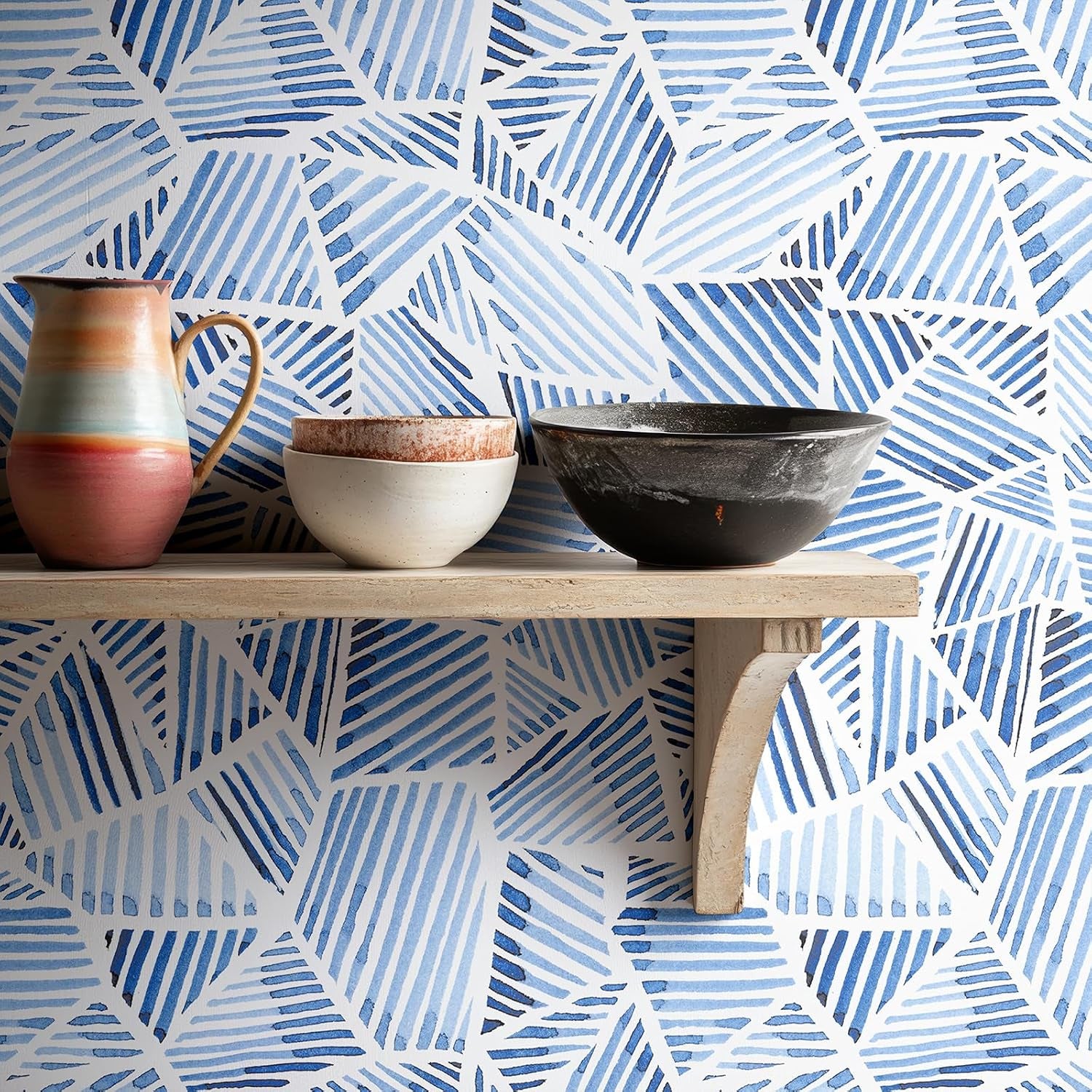 Blue Geometric Peel and Stick Wallpaper, Brushstroke Pattern, Self-Adhesive Waterproof Contact Paper, 17.3 Inch X 6.5 Feet