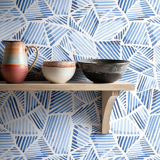 Blue Geometric Peel and Stick Wallpaper, Brushstroke Pattern, Self-Adhesive Waterproof Contact Paper, 17.3 Inch X 6.5 Feet
