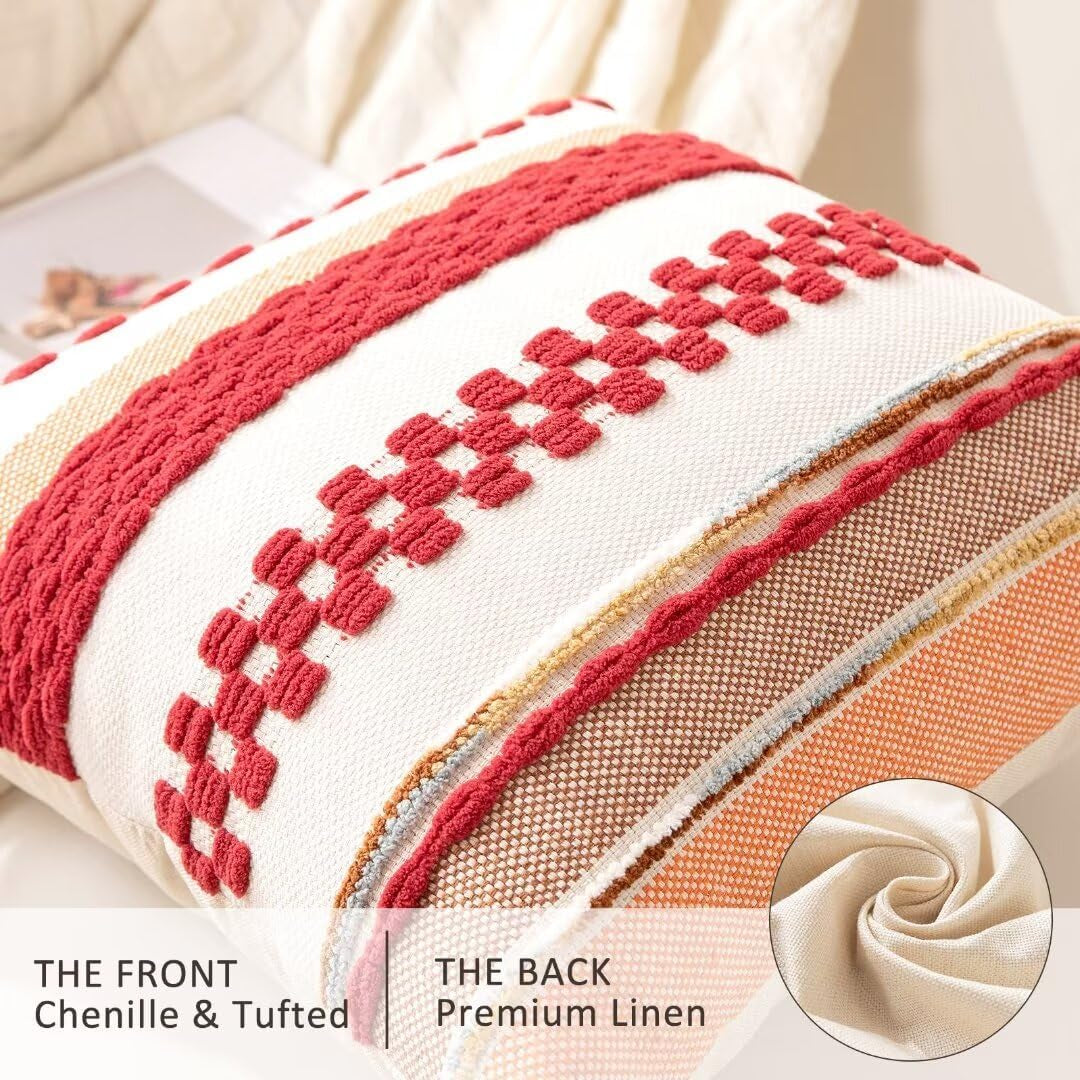 Boho Throw Pillow Covers 18X18 Set of 2 Decorative Cushion Case Striped Square Pillows Cover, Red