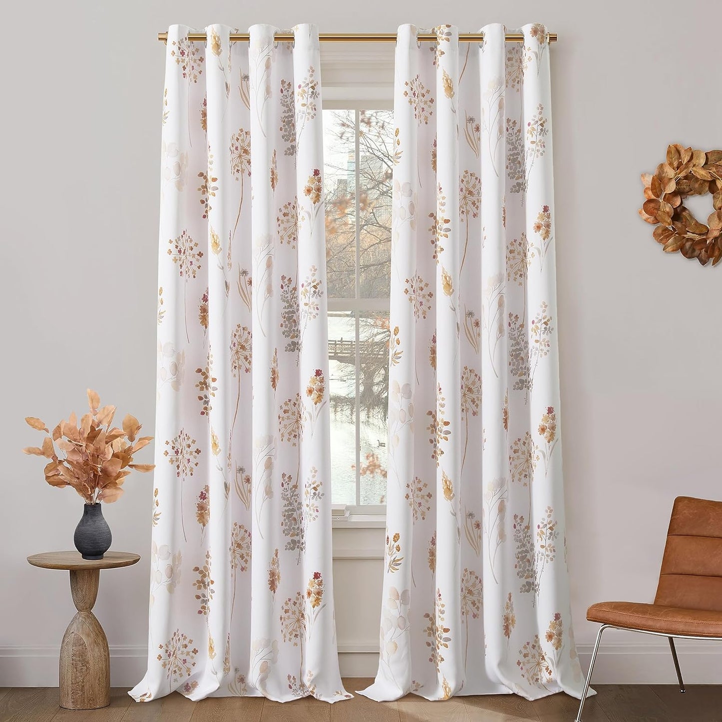 Floral Pattern Curtains ,52X84 Inches Long, Rust Colored Brown and White, 2 Panels