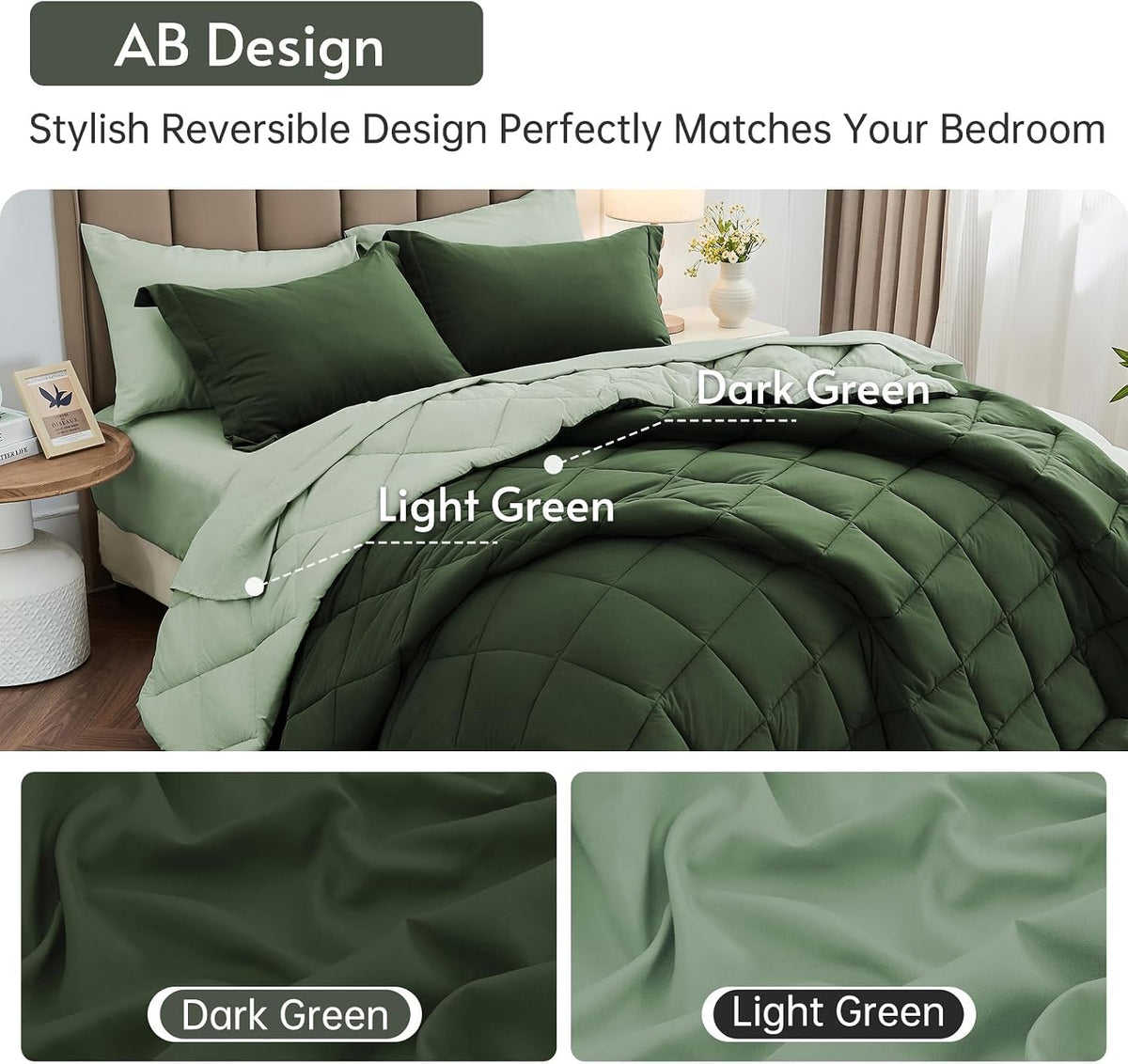 7 Pieces California King Comforter Set, Reversible Bed in a Bag Cal King Size, All Season Bedding Set with Comforter, Flat Sheet, Fitted Sheet, Pillowcases & Shams, Dark Green & Light Green
