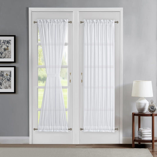 Pair of Sheer White French Door Curtains. Size 30 X 72 Inches Come with 2 Matching Tie-Backs 30” X 72” White