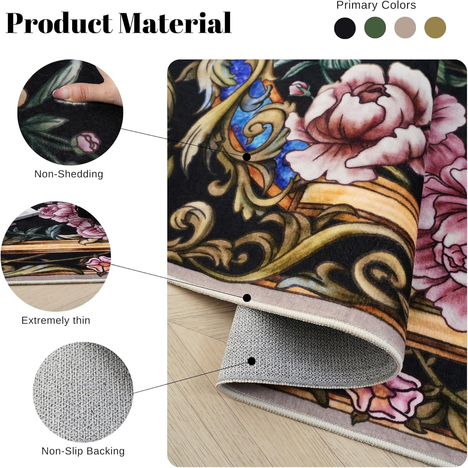 Bedroom Rug 3X5 Rug Washable Area Rug Floral Peacock, College Dorm (Black)
