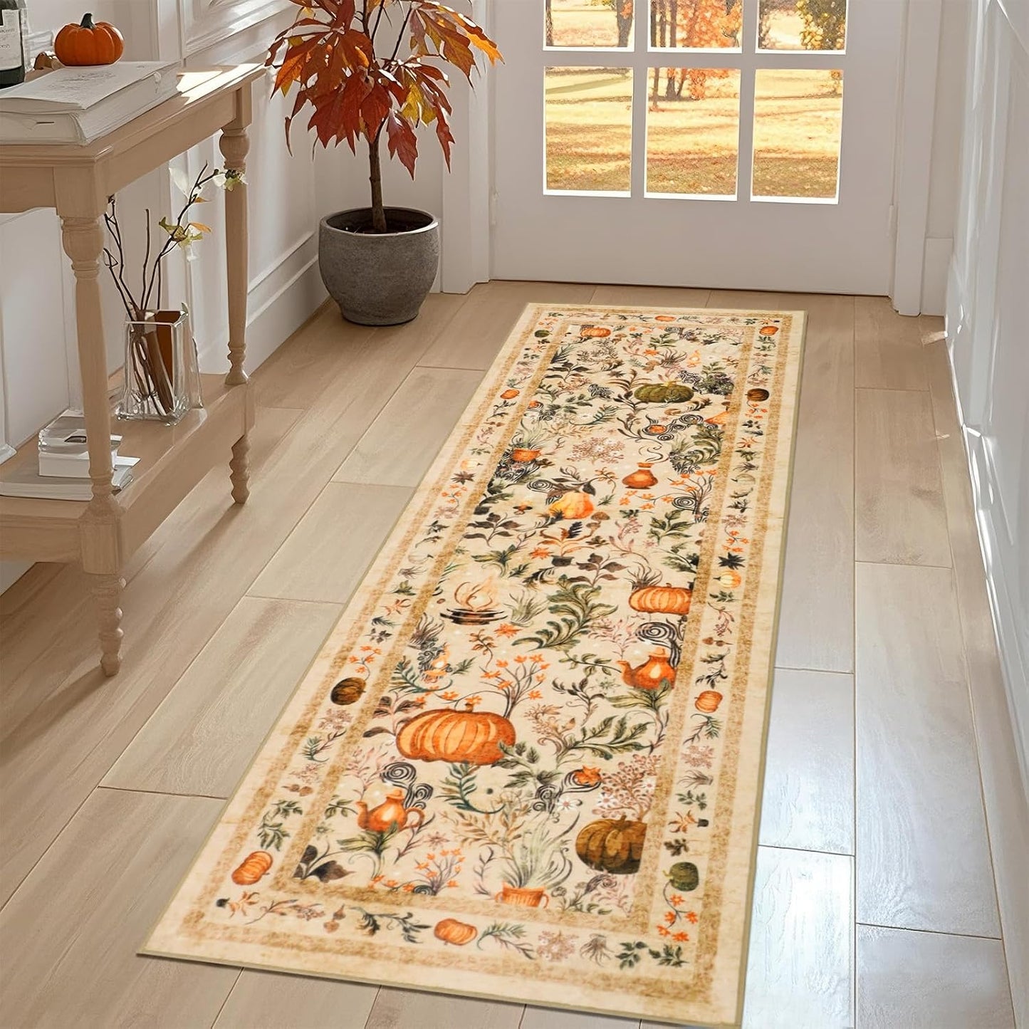 Pumpkins Fall Runner Rug Low Pile, Thanksgiving Kitchen Rugs 2X6Ft, Washable Holiday Mats for Kitchen Floor Non-Slip, Autumn Home Decor for Bedroom Entryway Laundry Room (Orange)