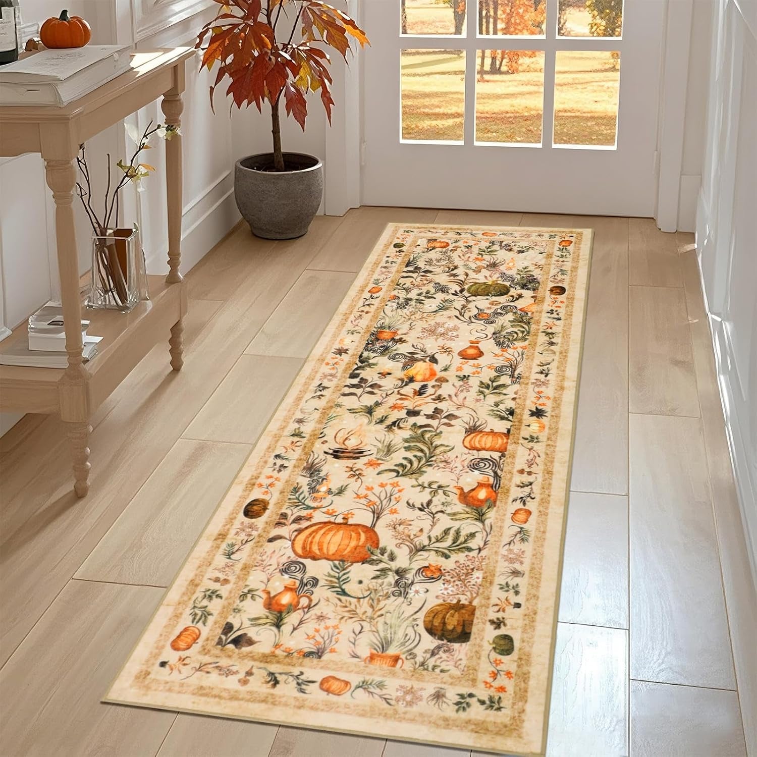 Pumpkins Fall Runner Rug Low Pile, Thanksgiving Kitchen Rugs 2X6Ft, Washable Holiday Mats for Kitchen Floor Non-Slip, Autumn Home Decor for Bedroom Entryway Laundry Room (Orange)