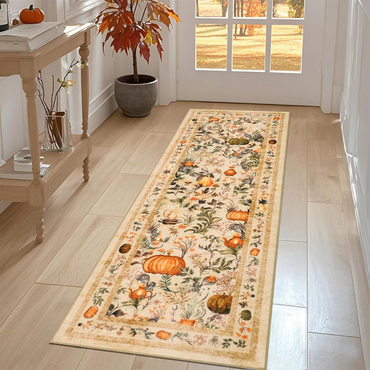 Pumpkins Fall Runner Rug Low Pile, Thanksgiving Kitchen Rugs 2X6Ft, Washable Holiday Mats for Kitchen Floor Non-Slip, Autumn Home Decor for Bedroom Entryway Laundry Room (Orange)