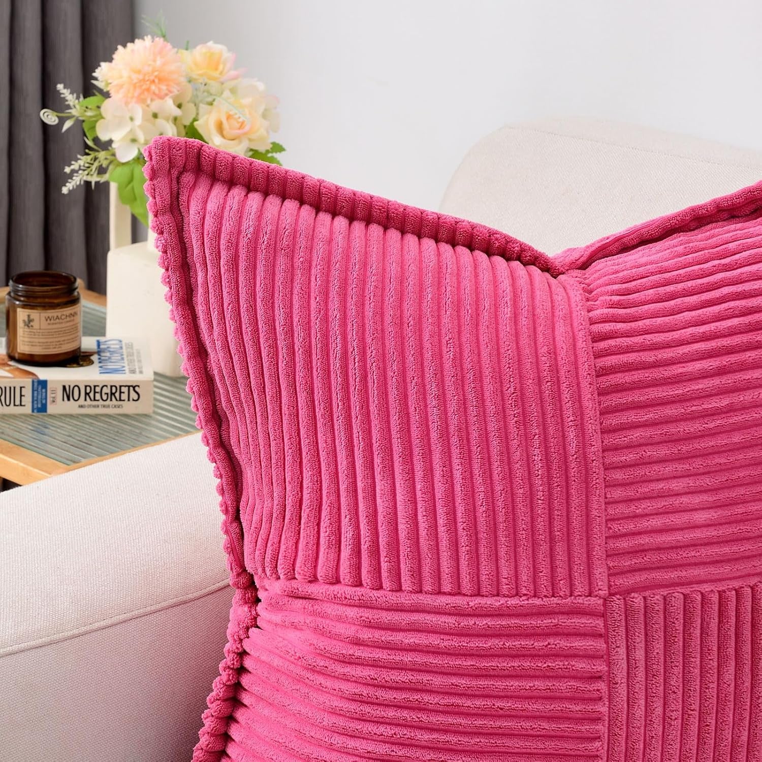 Hot Pink Throw Pillow Covers 18X18 Inch Set of 2, Soft Solid Corduroy Striped