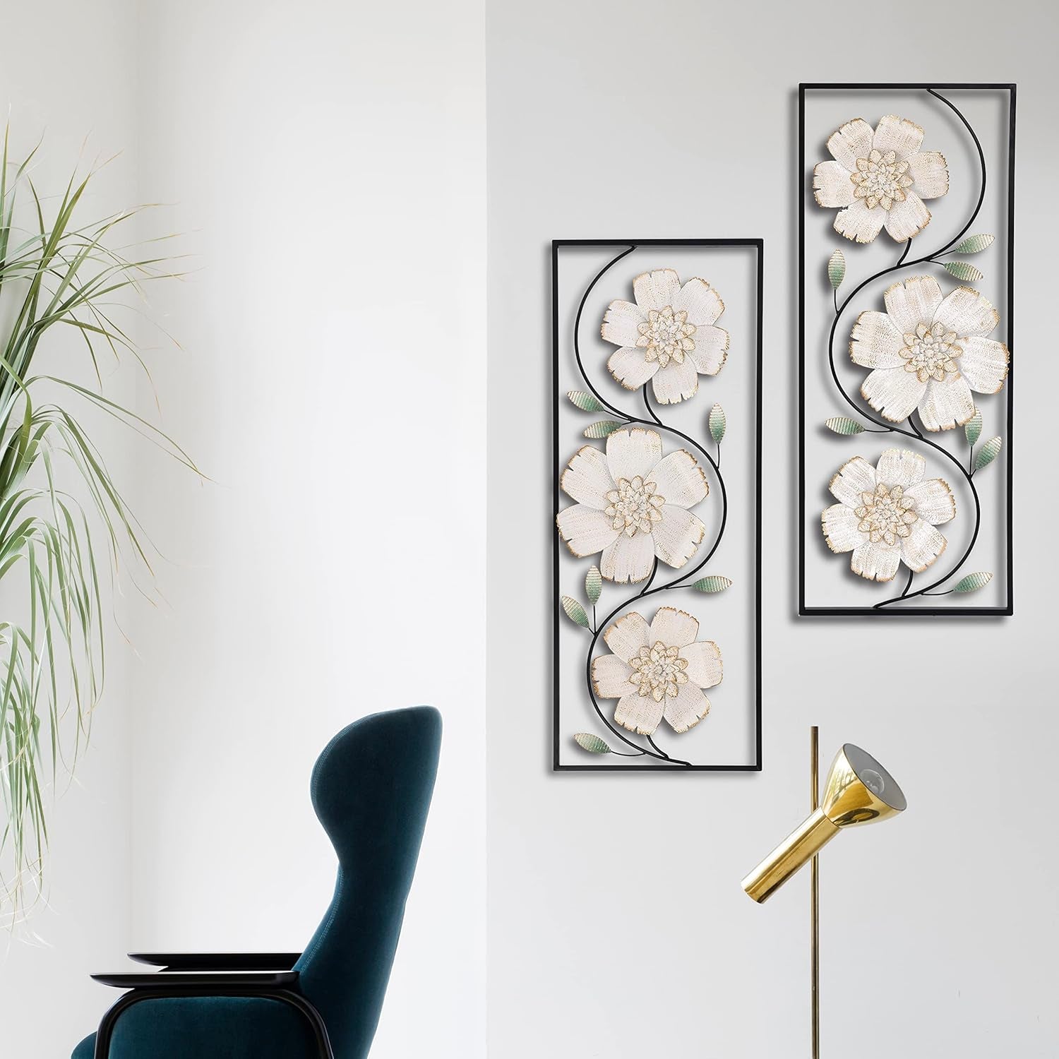 Set of 2 Metal Wall Art, 36" off White and Gold Wall Decor, Magnolia Flowers