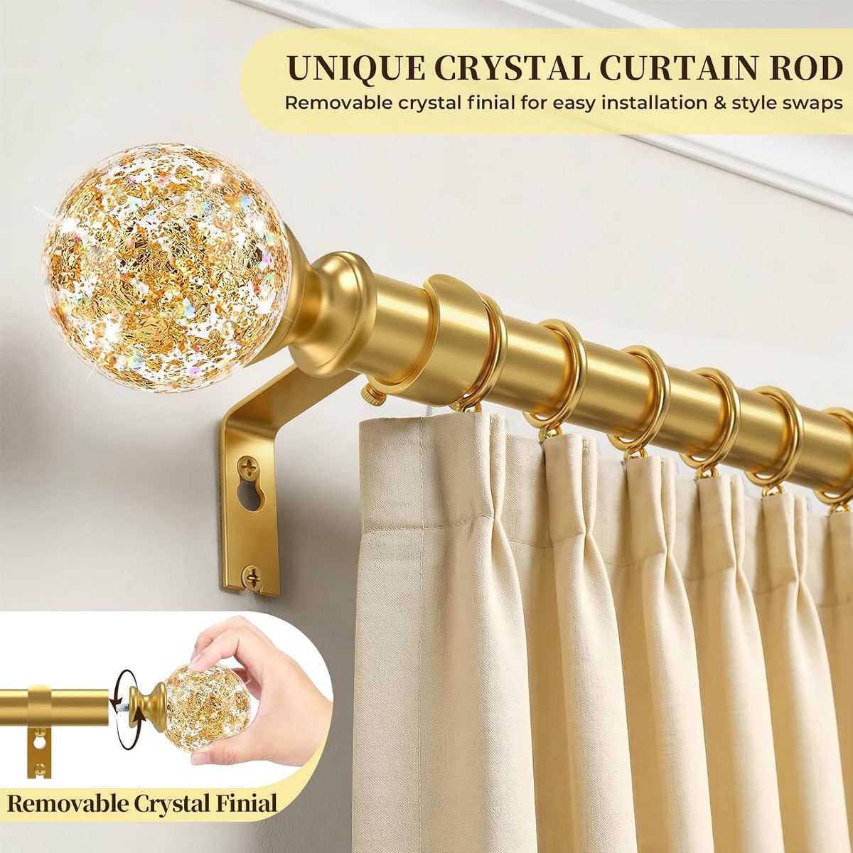 Gold Decorative Crystal Curtain Rods,1" Heavy Duty Adjustable 66-120"