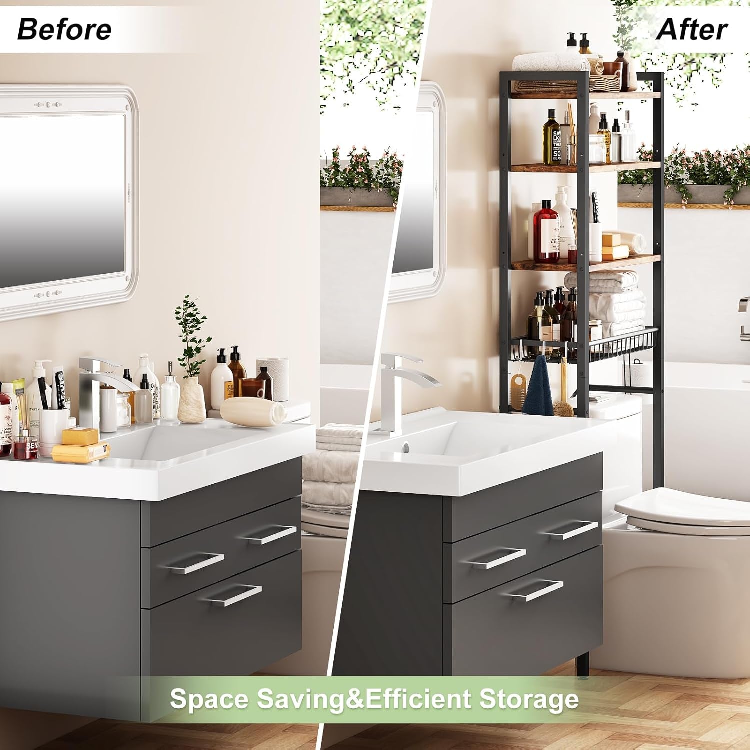 Over-The-Toilet Storage Rack, 4-Tier Bathroom Organizer Shelf over Toilet with Adjustable Shelf and Basket, (Vintage Brown)