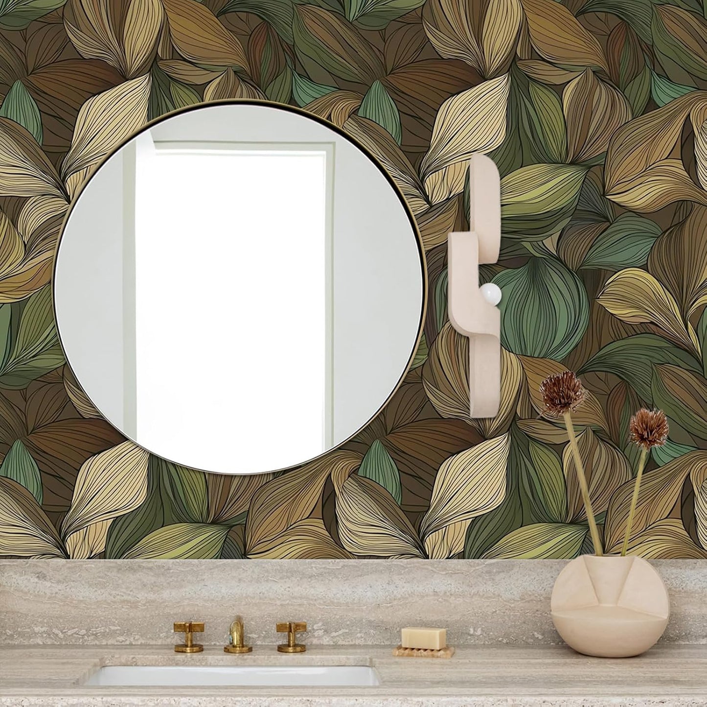 Botanical Leaf Wallpaper Peel and Stick Self Adhesive Boho Tropical Beige Green Vintage 17.71"X236.2"
