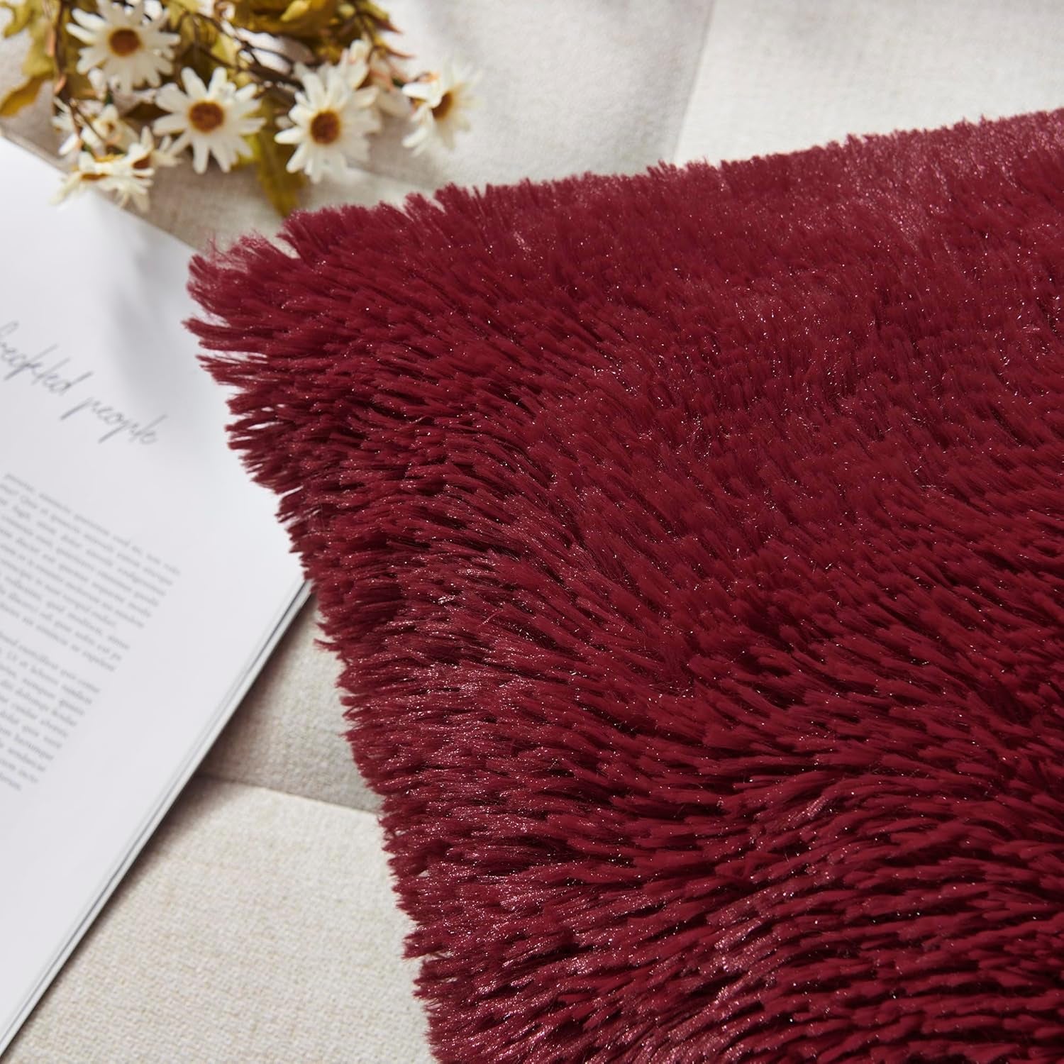 Luxury Soft Faux Fur Fleece Cushion Cover Pillowcase, 20" X 20" Inch, Wine Red, 2 Pack