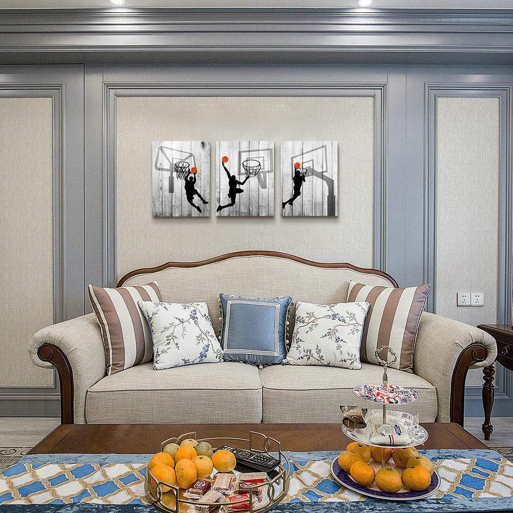 Black and White Canvas Wall Art for Bedroom, Basketball Sport Painting 12" X 16"3 Piece Modern Framed