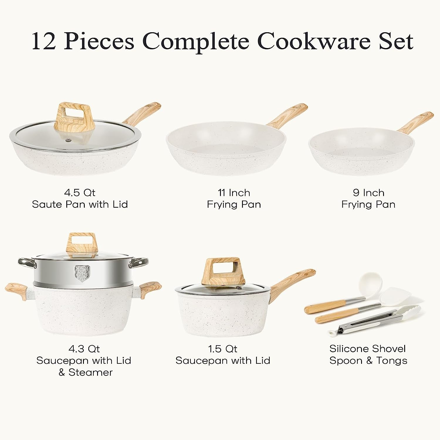 12 Pcs Kitchen Cookware Sets Nonstick Induction Cookware White Granite Cooking Set with Frying Pans, Saucepans, Steamer Silicone Shovel Spoon & Tongs (NO PFOS, PFOA)