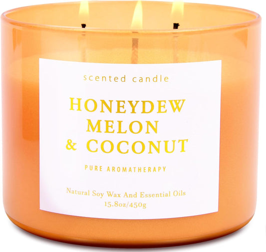 Honeydew Melon & Coconut Candle - Large 3 Wick Scented Soy Candle ,15.8 Oz