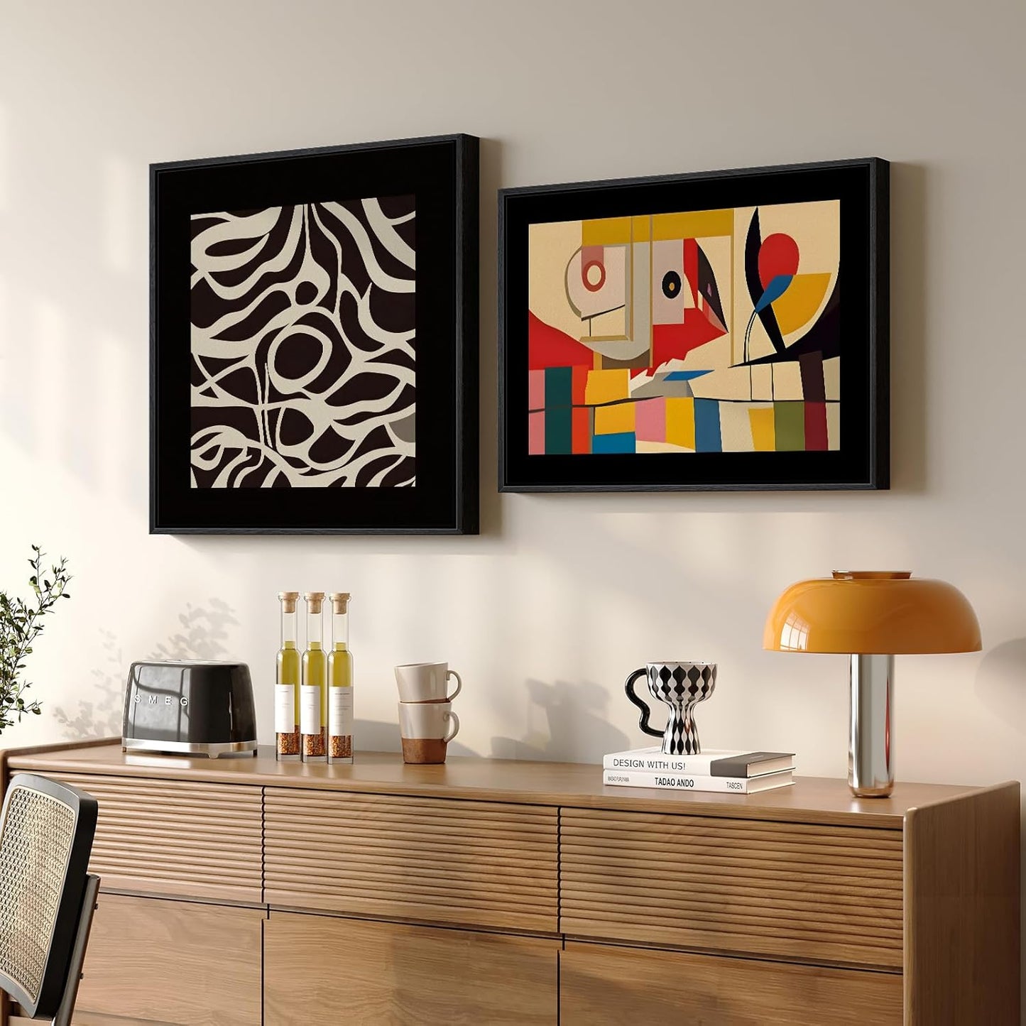 Framed Black Colorful Abstract Wall Art for Living Room, Set of 2 Mid Century Modern Geometric Line Artwork for Walls, 24X24 & 24X18 In