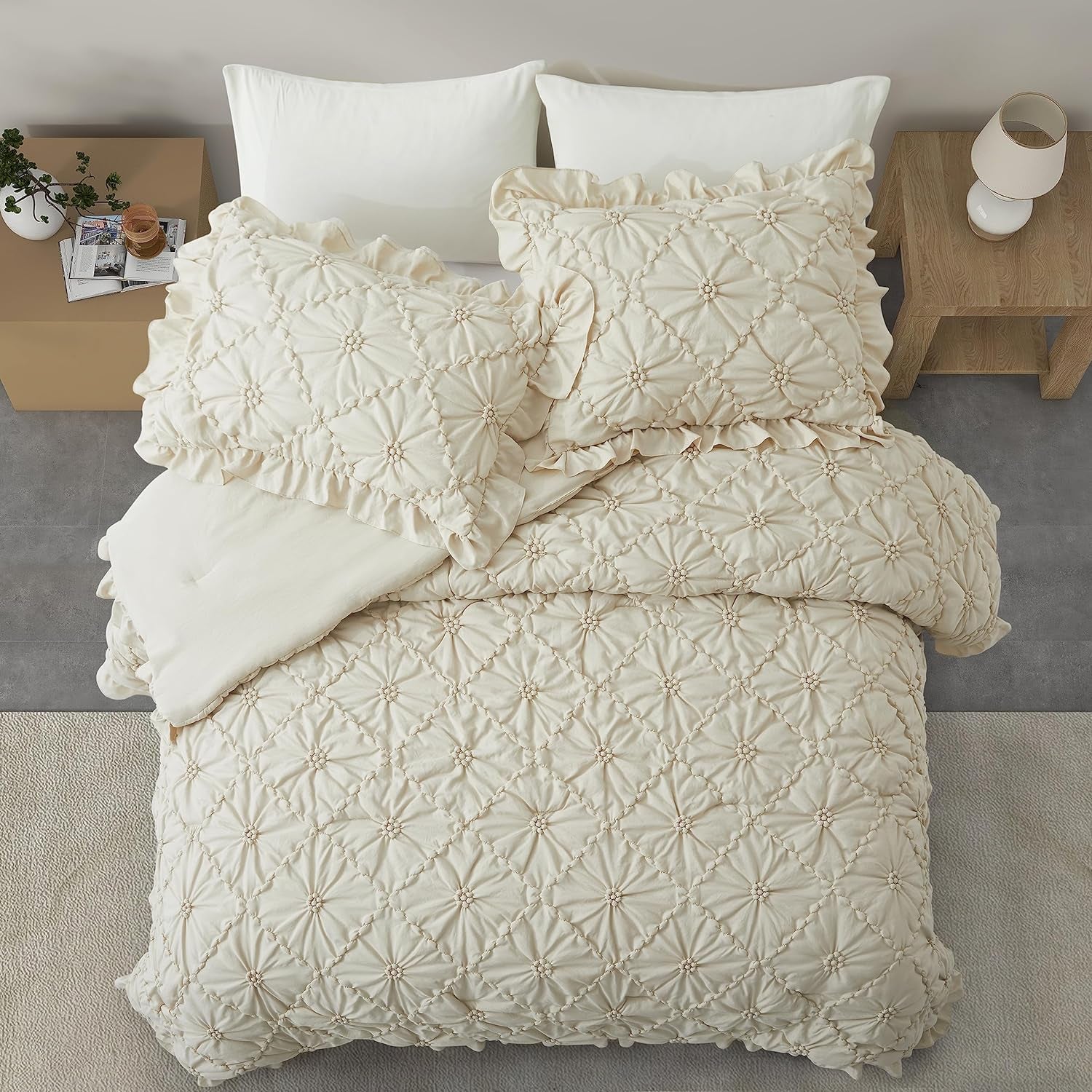 Comforter Set King Size, 3 Pieces Bed, Boho Down-with Ruffled Shams, Beige (102"*88")