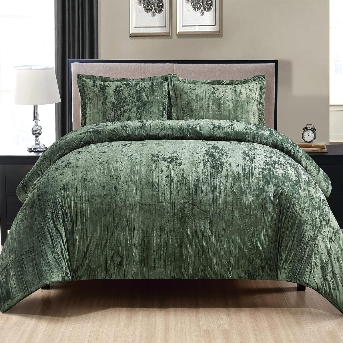 Crinkle Velvet Comforter Set (Blackish Green, King)
