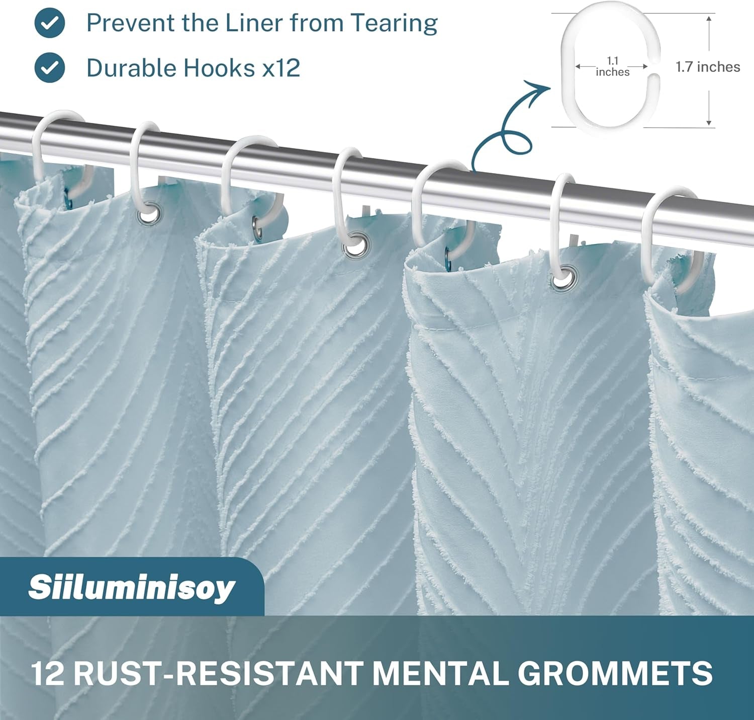 Fog Blue Boho Woven Fabric Cute Shower Curtain, 72 X 72 Tufted Leaves Textured Striped Modern Farmhouse 