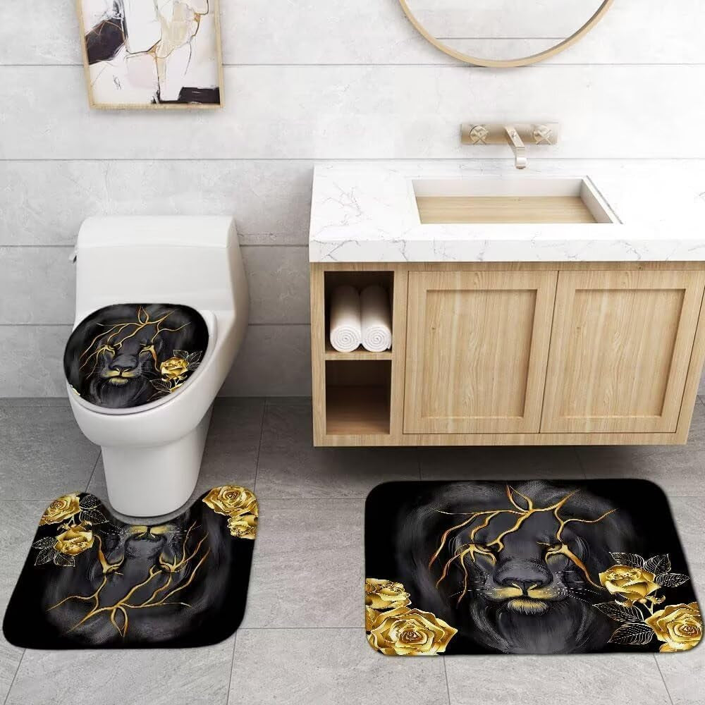 4 PCS Gold Rose Lion Bathroom Set with Shower Curtain and Rugs