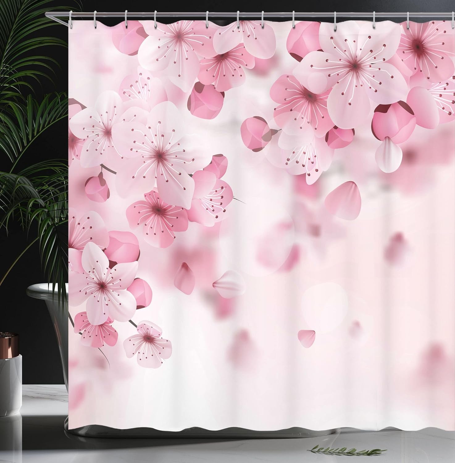 Floral Shower Curtain, Japanese Sakura Flowers with Hooks, 69" W X 70" L, Pale Pink Pale Pink