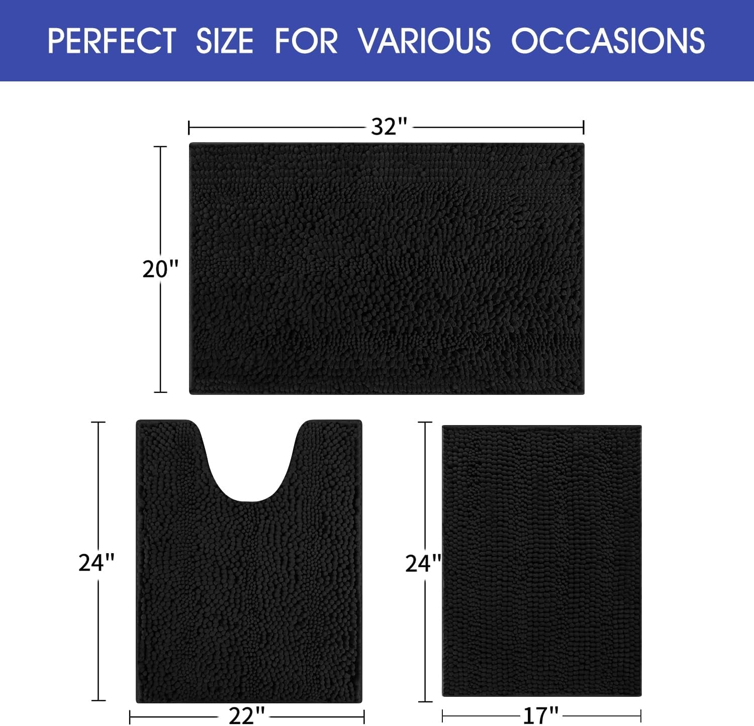 Striped, Black Bathroom Rug Set 3 Pieces Ultra Soft, Non-Slip Chenille Toilet Mat, Absorbent Plush Shaggy 