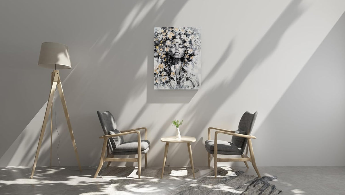 Black Woman Canvas Wall Art - Abstract Flower Painting on Head - African American Pictures for Living Room Bedroom Bathroom Decor