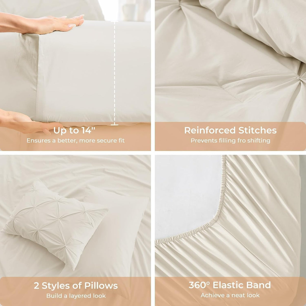 King Size Comforter Set, 7-Piece Bed in a Bag, Pintuck Bedding Set for All Season, Includes Comforter, Flat Sheet, Fitted Sheet, Pillowcases and Pillowshams, Beige