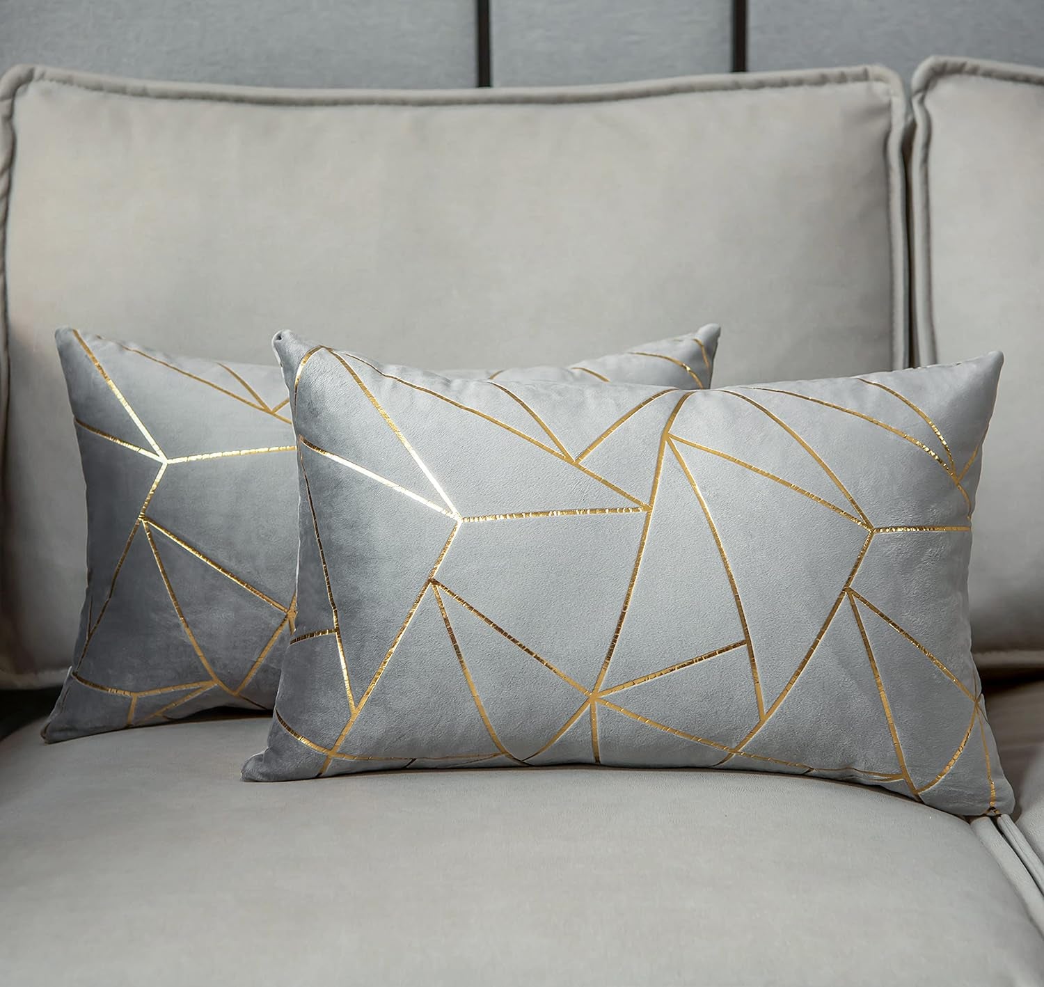 Pack of 2 Soft Velvet Lumbar Throw Pillow Covers Decorative Gold Foil Geometric Pattern Cute Cushion Case For, Couch Living Room Sofa Bedroom Car (Grey and Gold, 12“X20”)