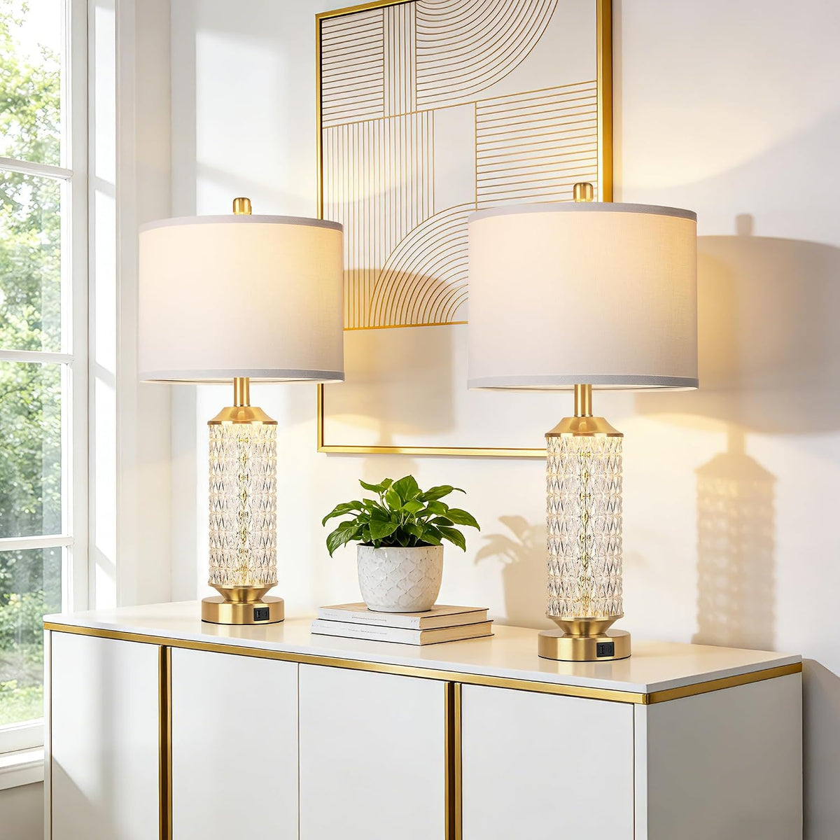Glass Table Lamps Set of 2, Modern Gold Lamps, Two 2700K LED Bulbs, High-Transparency Glass Body