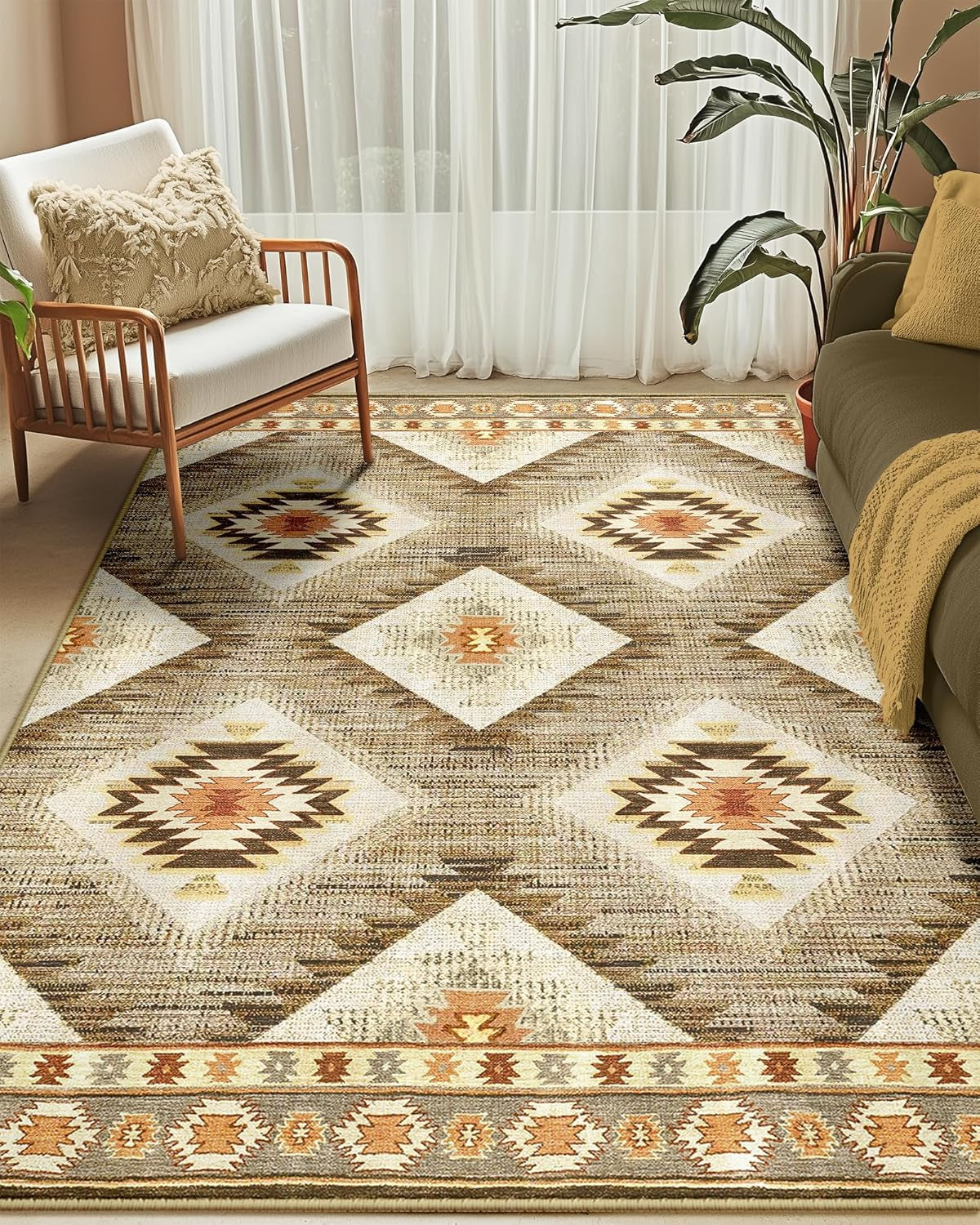 Area Rug 5X7 Machine Washable Non-Slip Print Pattern Western Rug -Cream/Camel