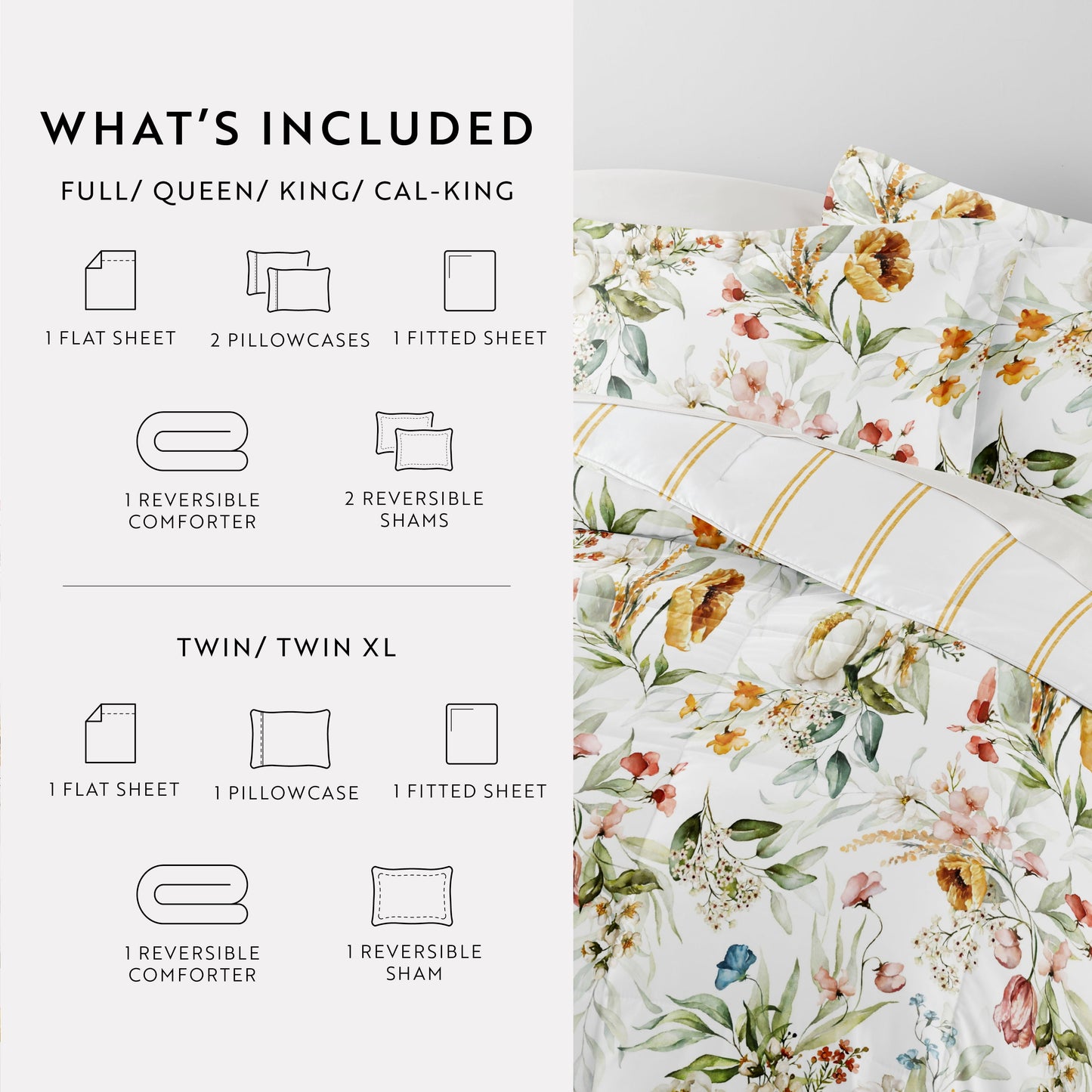 - Twinxl Bedding Bundle, Patterned Microfiber Comforter and Solid Sheet Set in Cabbage Chintz Floral Stripe Clay