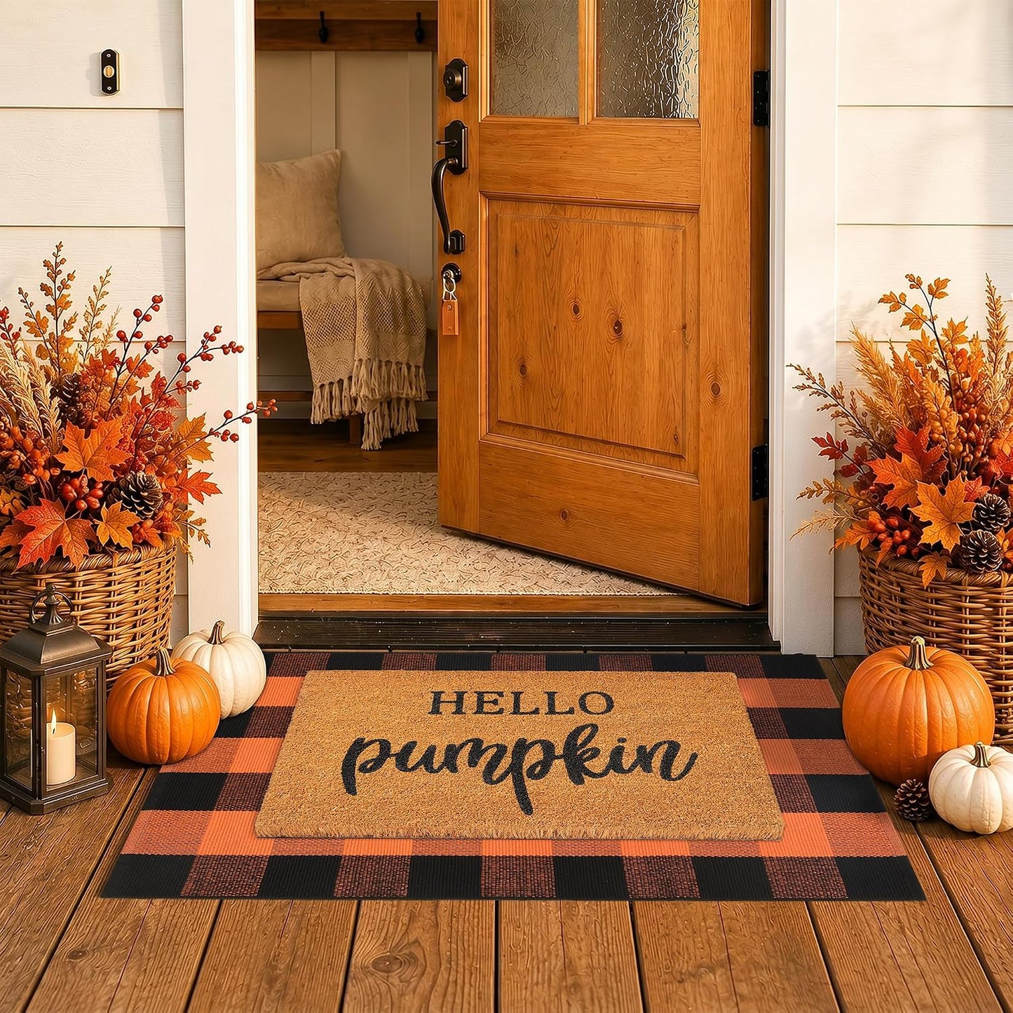 Fall Decor Door Mat Combo Set, 28 X 43 Inches Orange and Black Plaid Rug