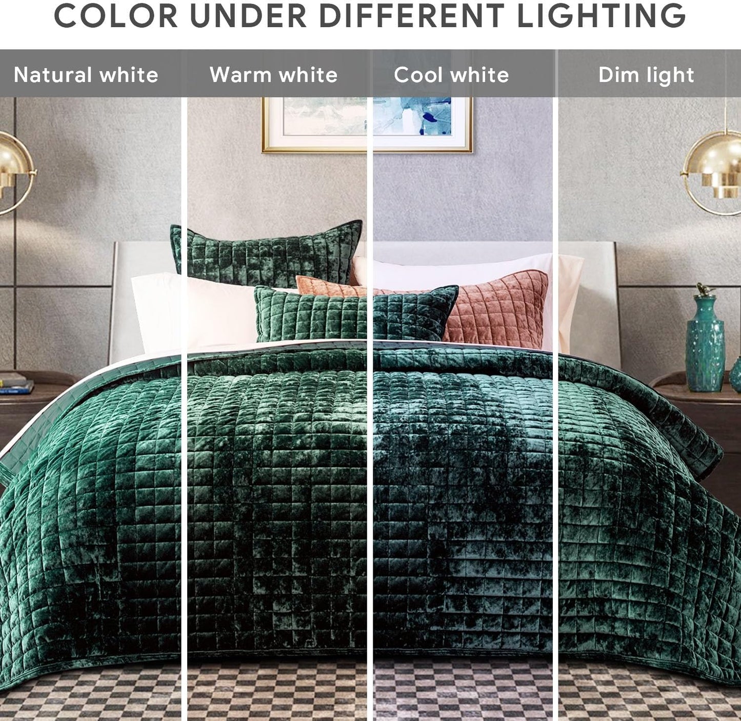 Channel Box Stitch Velvet Quilt Set, Full Queen Size, Emerald Green