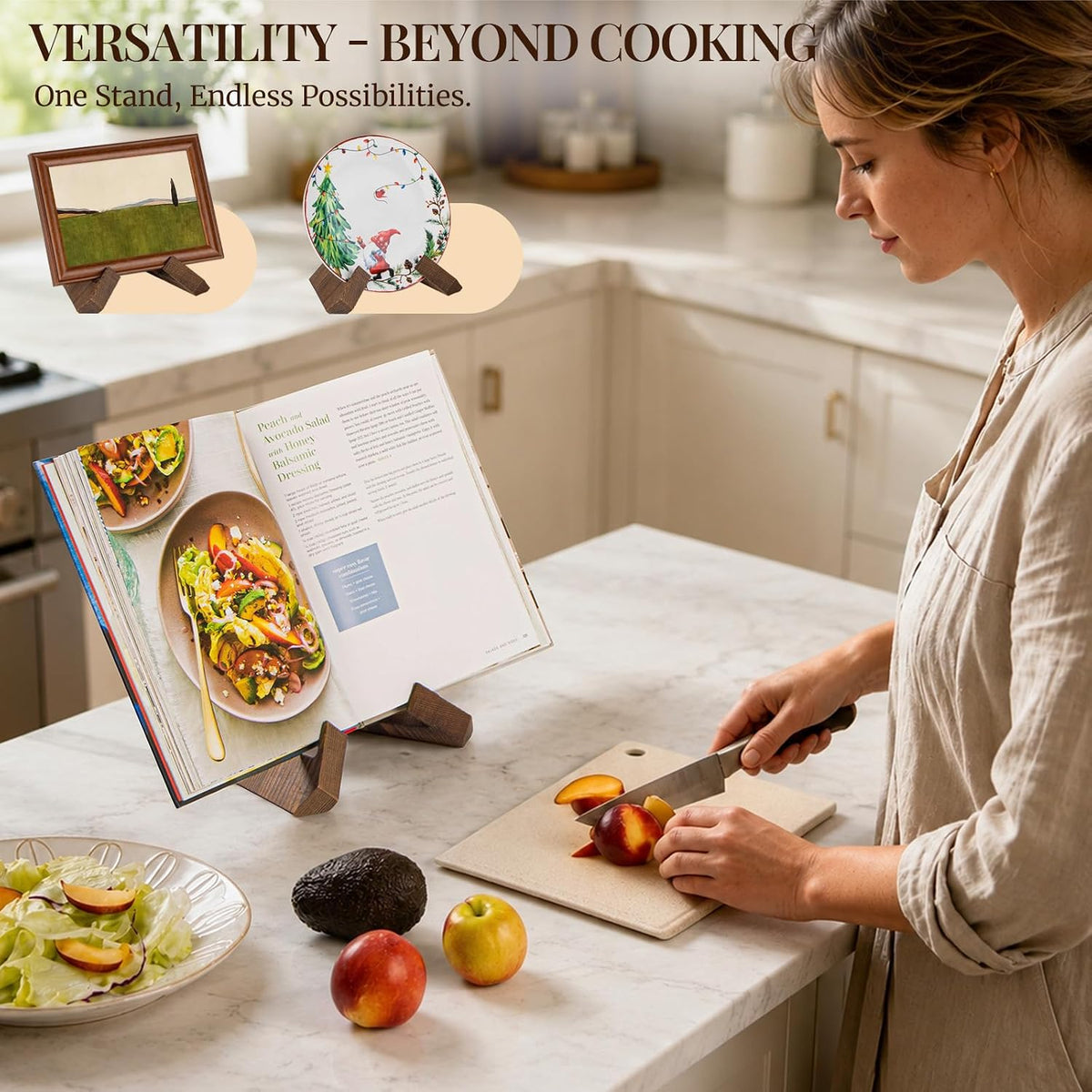 Wooden Cookbook Stand for Kitchen, Recipe Book Holder for Kitchen Counter - Rustic Brown - 1 Set