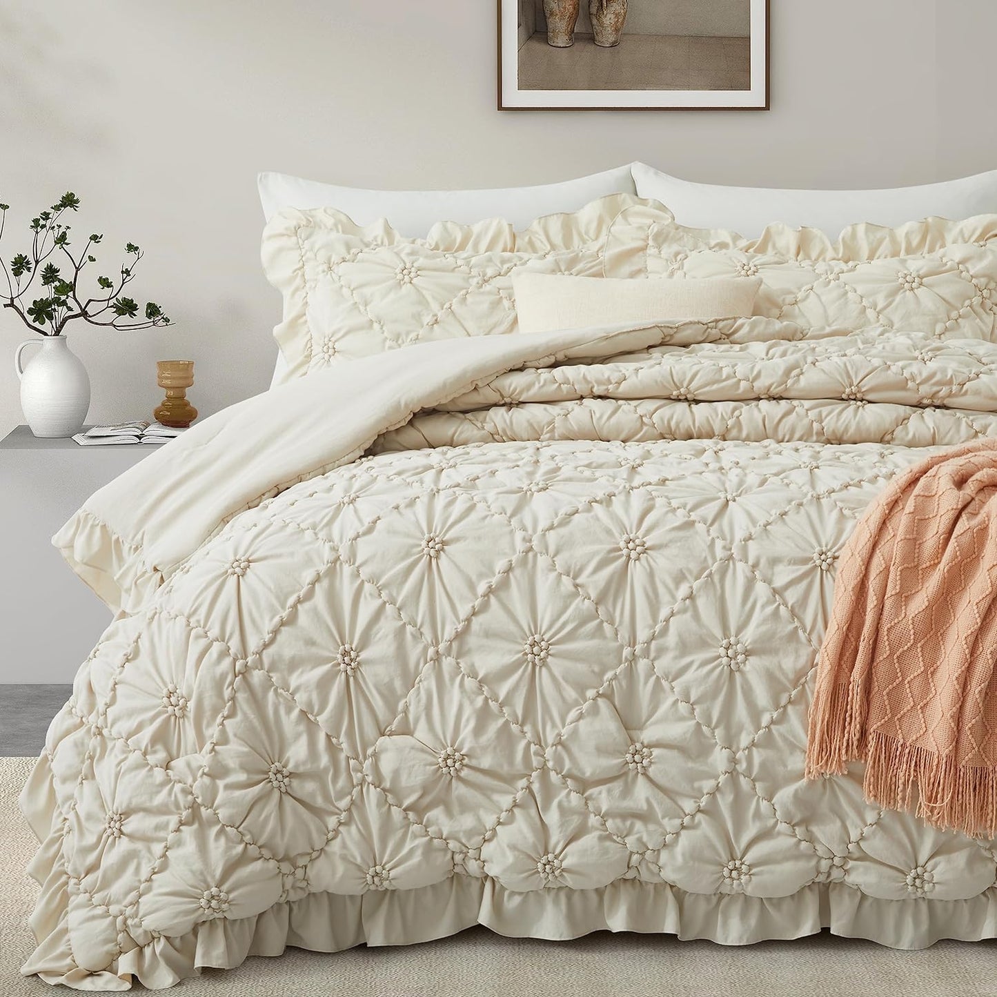 Comforter Set King Size, 3 Pieces Bed, Boho Down-with Ruffled Shams, Beige (102"*88")