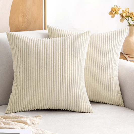 Pack of 2 Corduroy Pillow Covers Soft Soild Cushion Cases Decorative Square Throw Pillow Covers Cream White Pillowcases for Sofa Bedroom Car 18 X 18 Inch 45 X 45 Cm