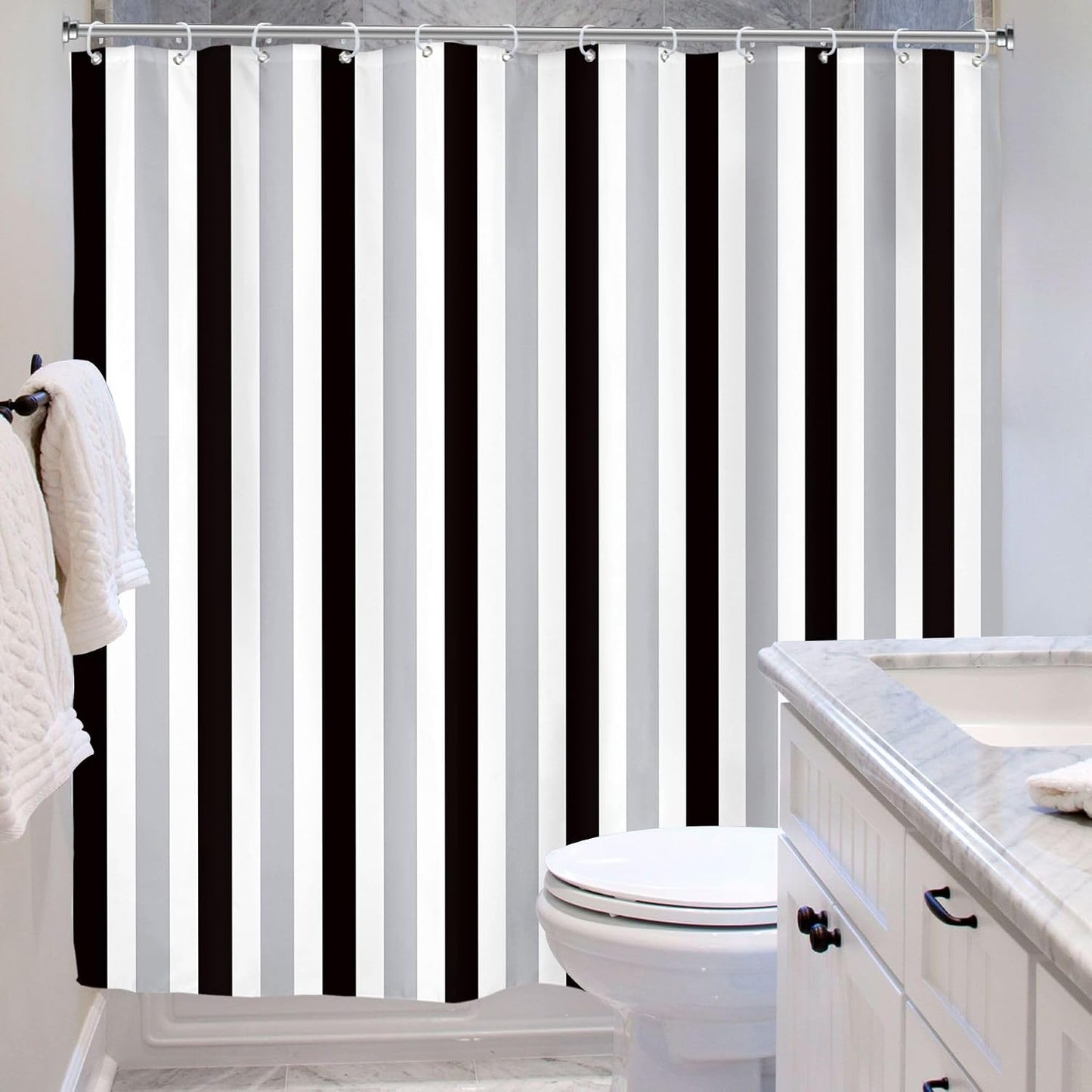Gray Vertical Striped Black Bathroom Shower Curtain Set