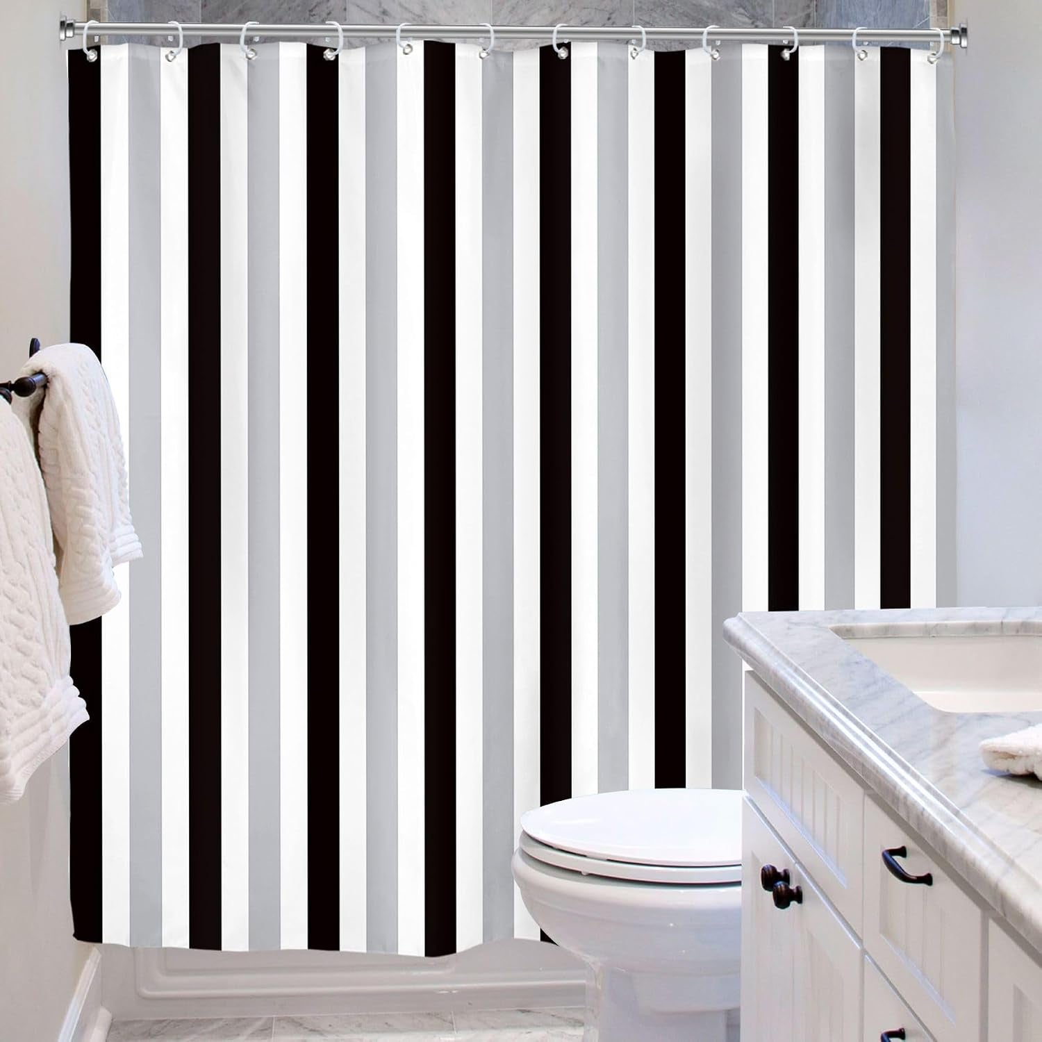 Gray Vertical Striped Black Bathroom Shower Curtain Set