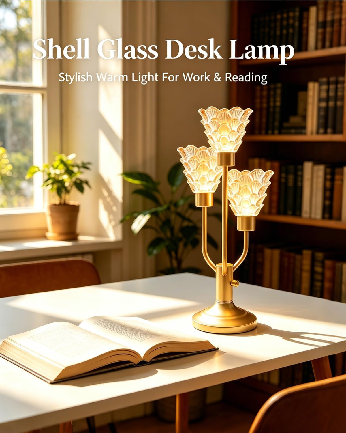  Modern Gold Glass Table Lamp Dimmable 3 Bulbs Included, Nightstand Lamp Vintage, with Amber Glass Warm white 
