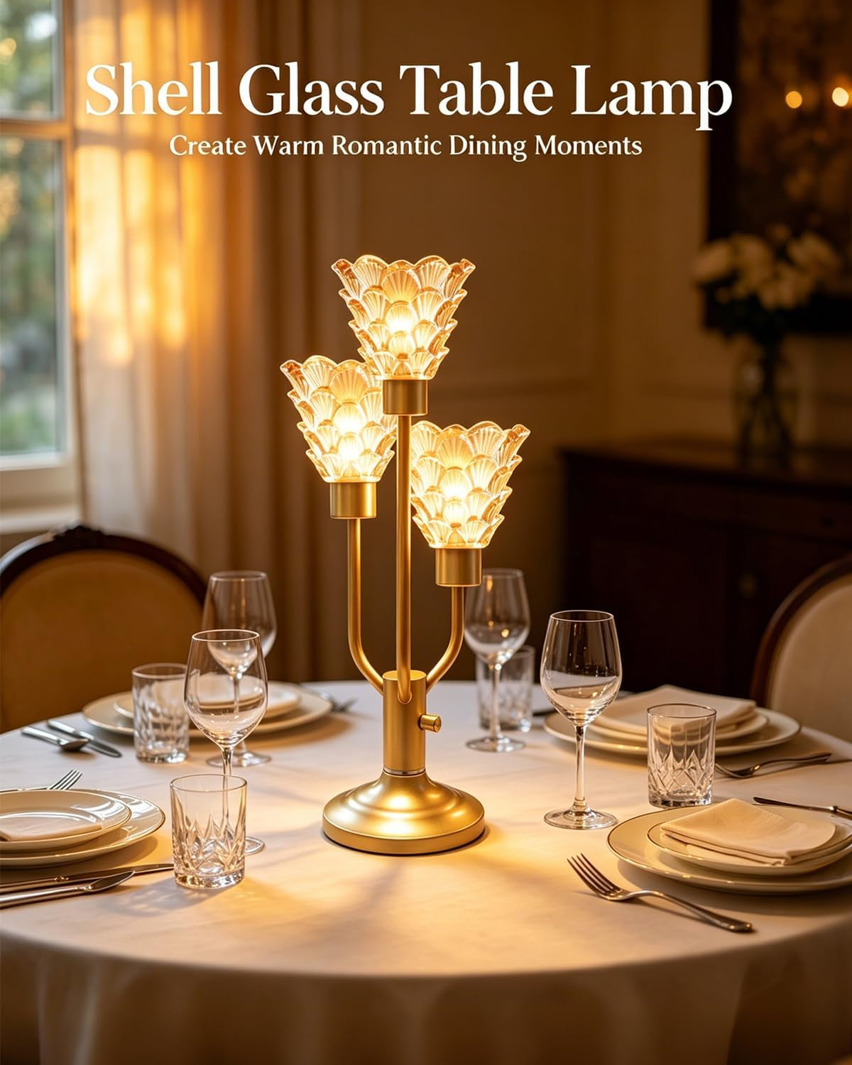  Modern Gold Glass Table Lamp Dimmable 3 Bulbs Included, Nightstand Lamp Vintage, with Amber Glass Warm white 