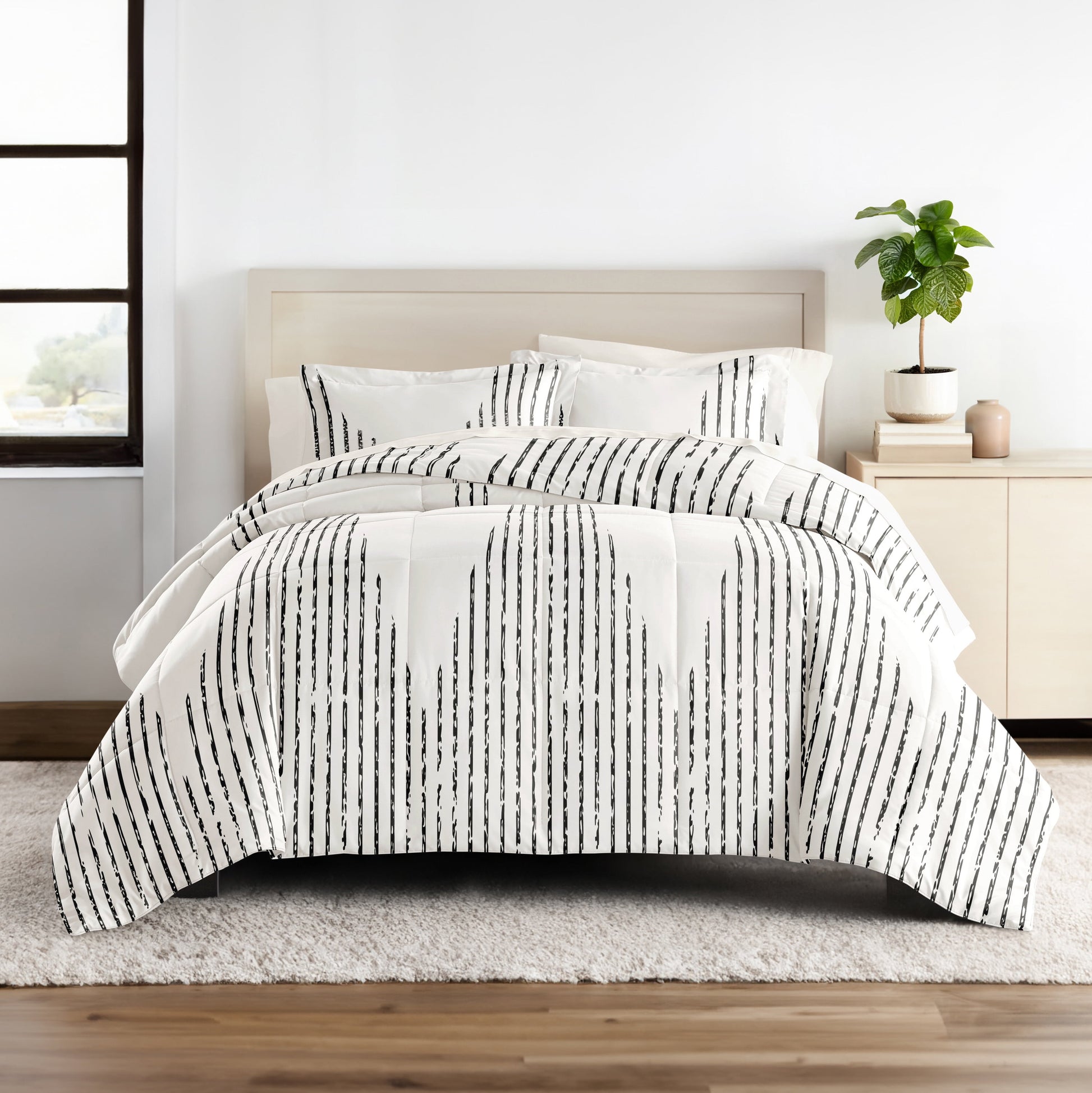 Full Bedding Bundle, Patterned Microfiber Comforter and Solid Sheet Set in Diamond Stripe Gray