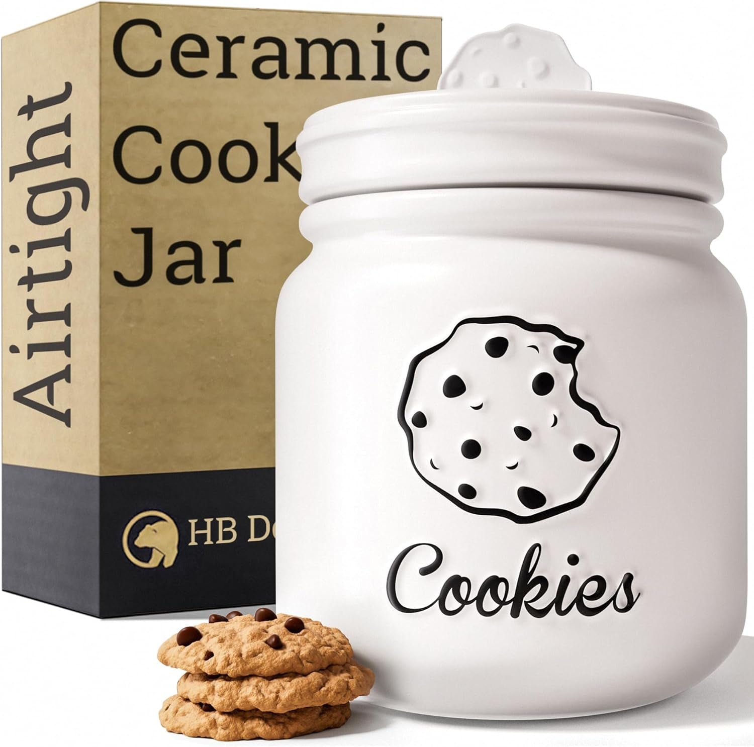 Cookie Jar with Airtight Lid - 6" X 8" H Matte White Ceramic Cookie Jar with Rubber Lined Lid - Large Cookie Jars 