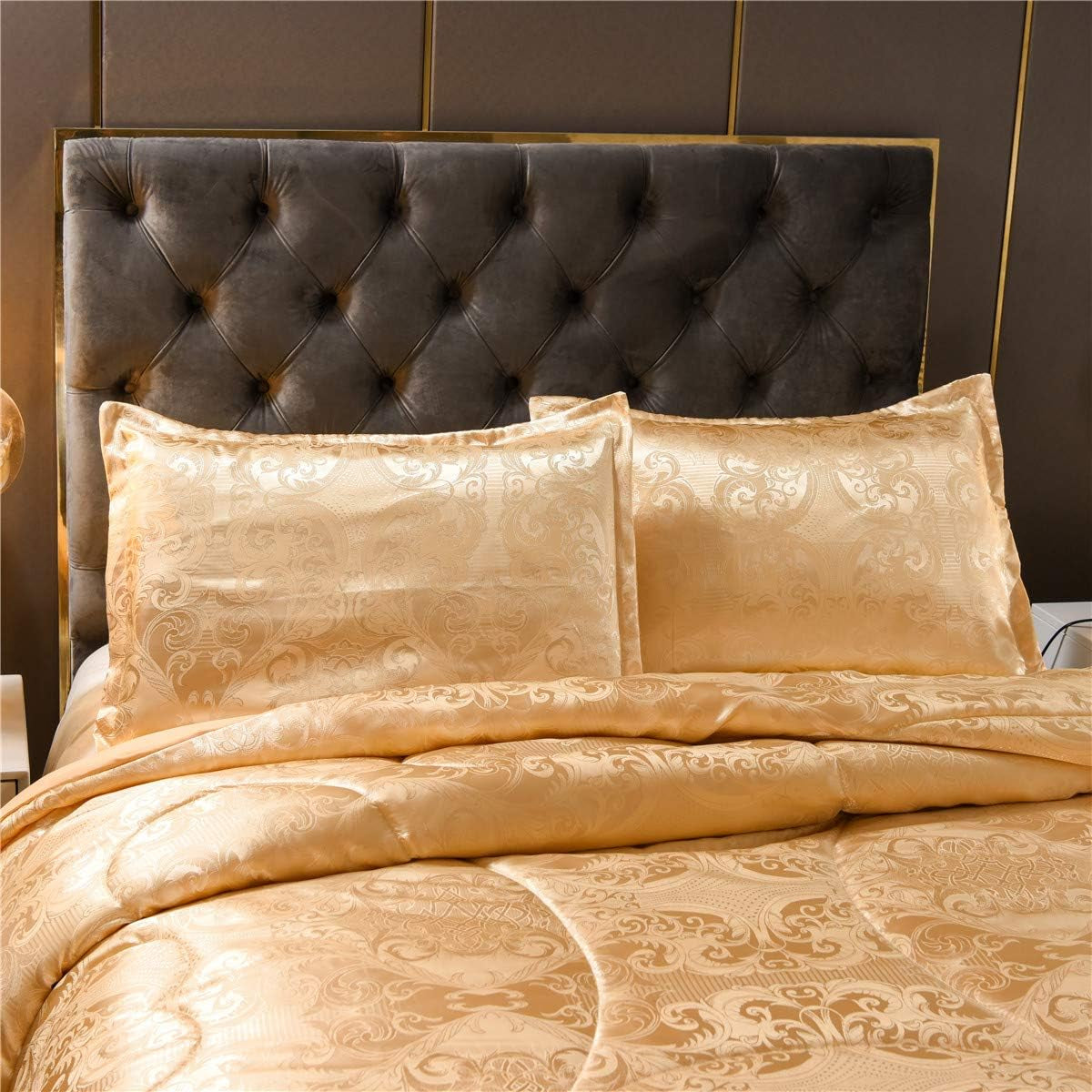  Luxury Gold Silk Bed Set, Lightweight Quilt (Full/Queen, 3 Pieces, 88-By-88 Inches)