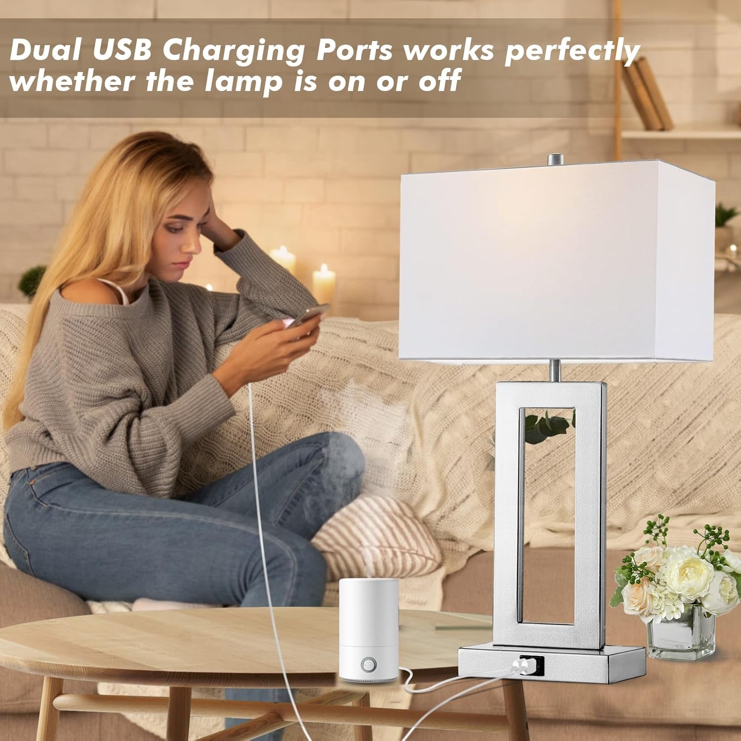 Silver Table Lamps Set of 2 with Dual USB Ports,3-Way Dimmable Touch Control, Bulbs Included