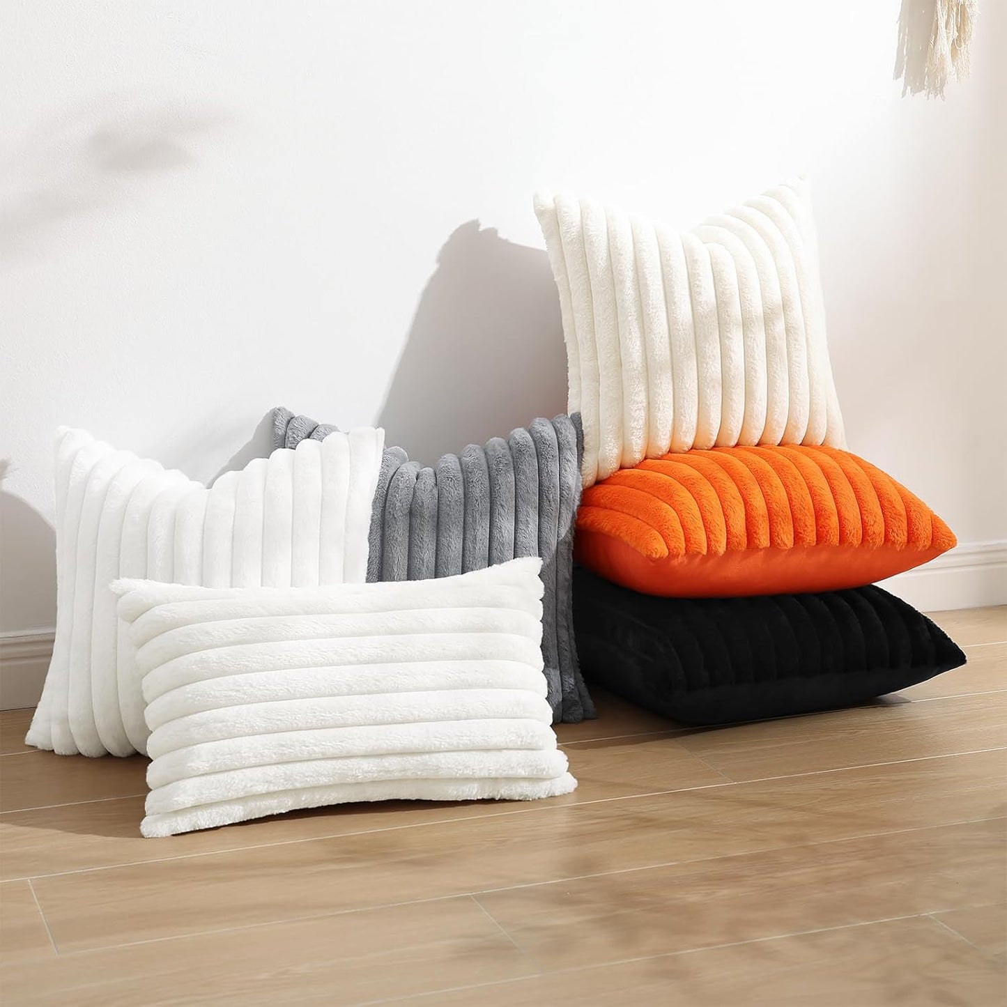 Faux Fur Throw Pillow Covers 18X18 Set of 2, Decorative Soft Plush Striped Couch Pillow Covers, Velvet Black