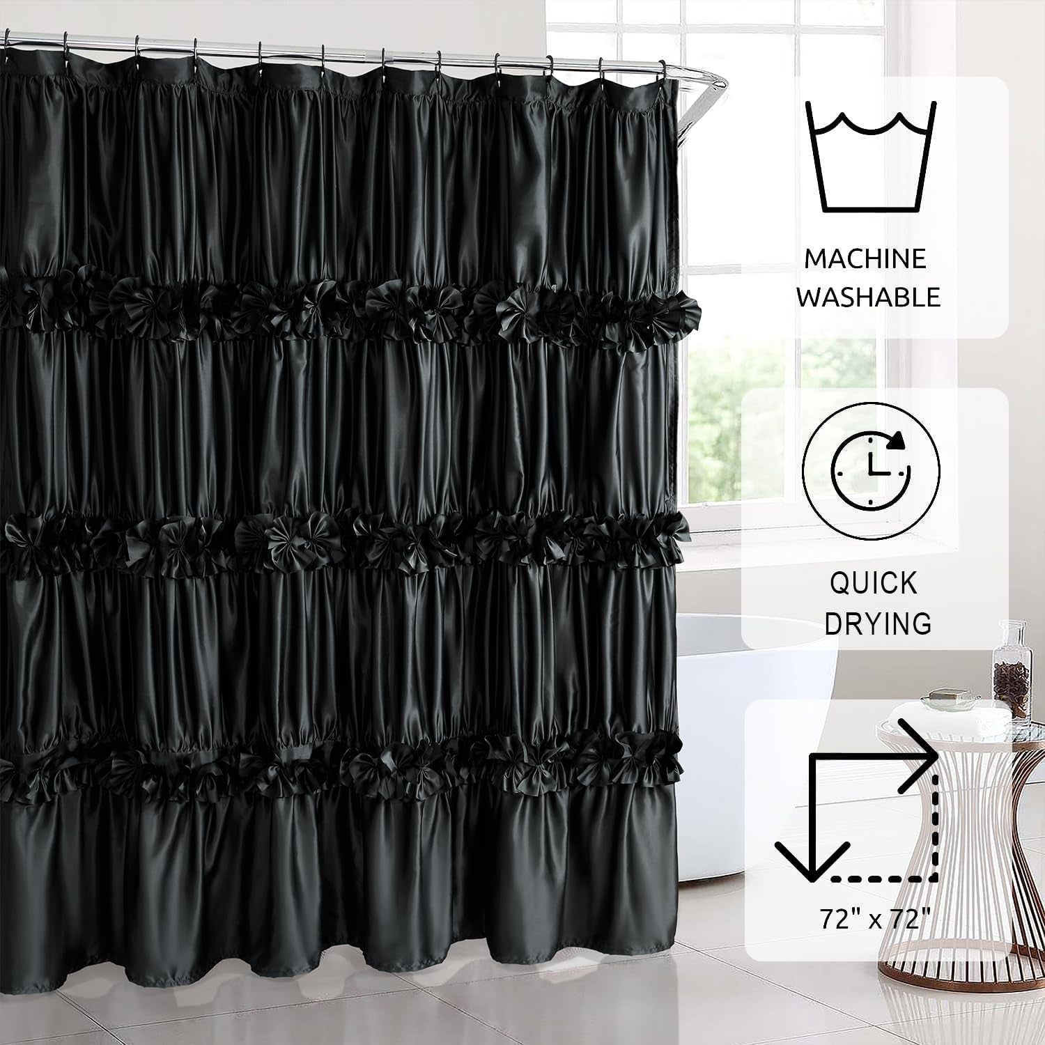 Black Ruffle Shower Curtain, Vintage Handcrafted Satin Curtain with 12 Buttonholes, 72" W X 72" H (LQ-10)